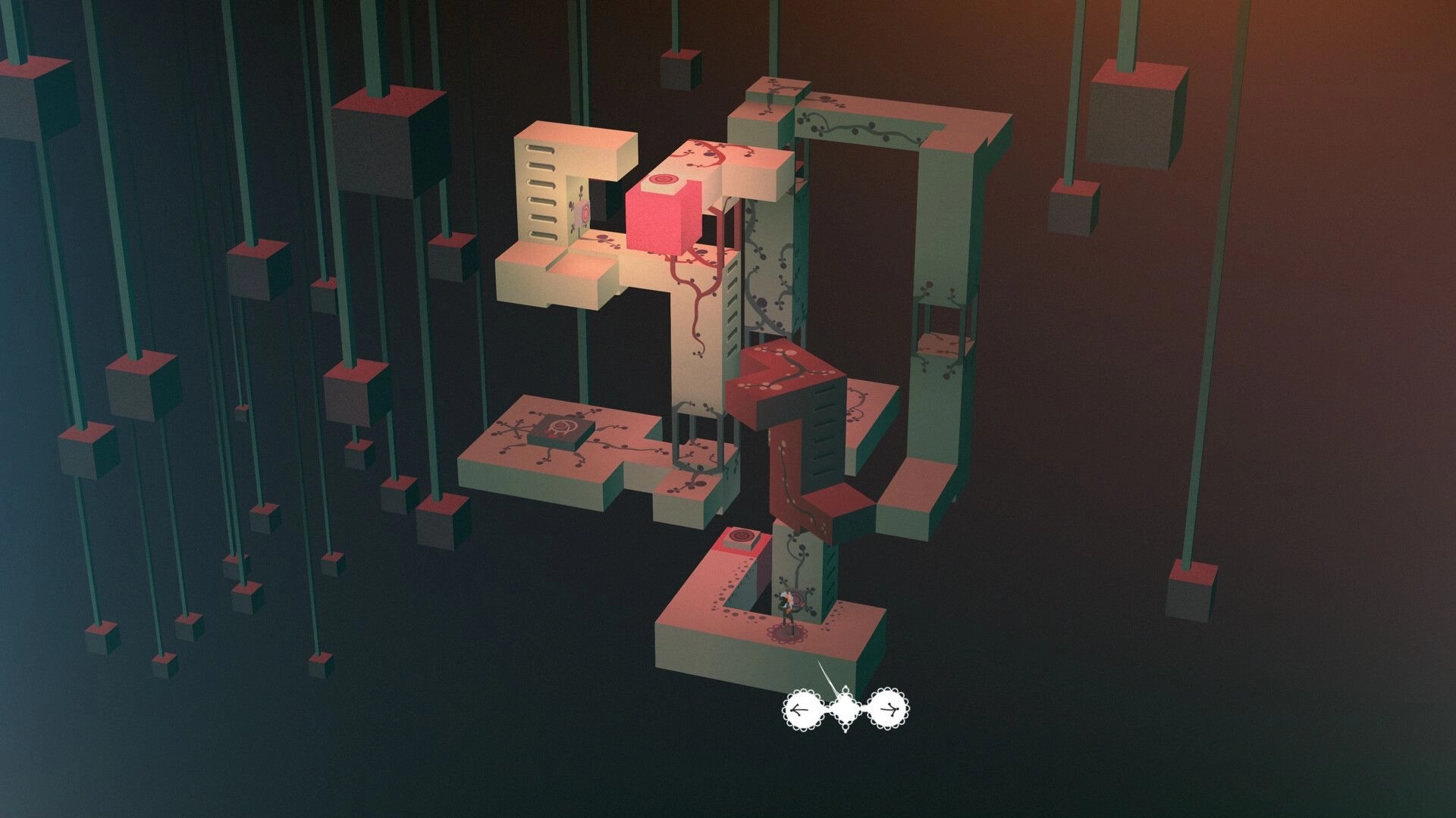 Hope Timbre: Character navigates floating geometric platforms in a surreal, abstract environment