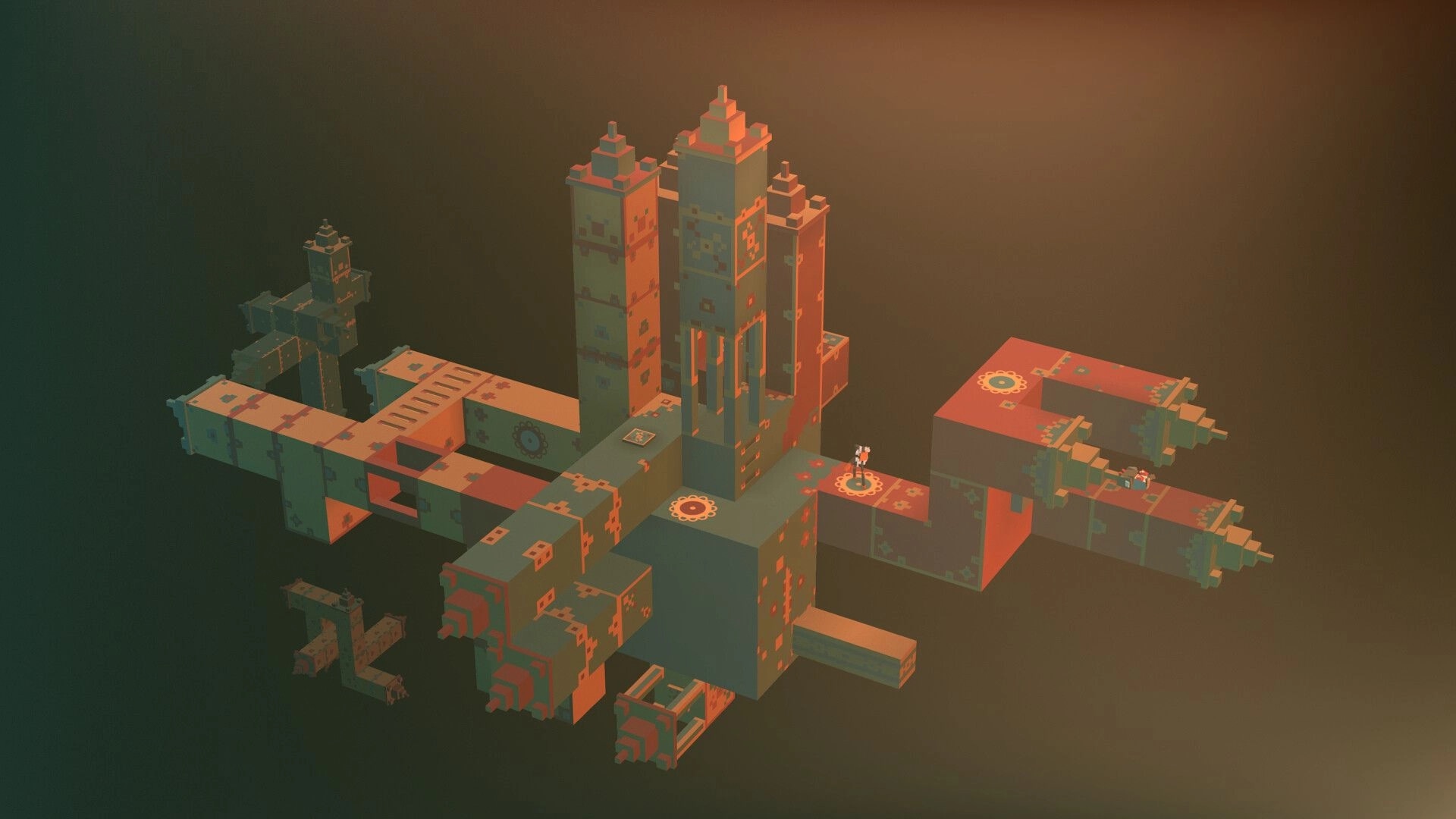 Hope Timbre: Mysterious creature on floating geometric structures in a surreal, dimly lit environment.