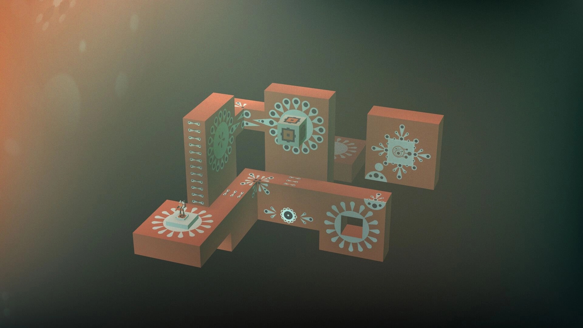 Hope Timbre: Mysterious creature navigates intricate floating blocks in a dim, surreal environment.