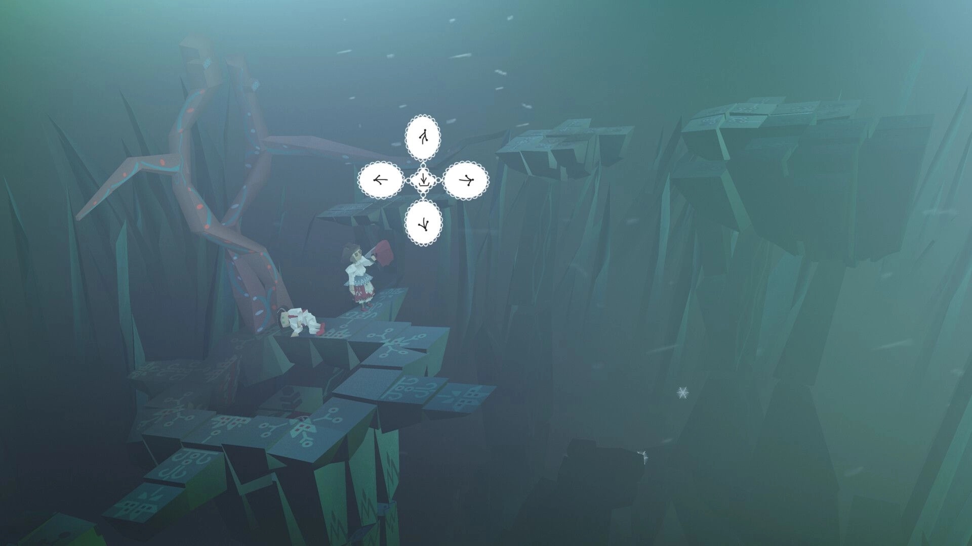 Hope Timbre: Character stands on floating platforms with directional UI in misty dream realm