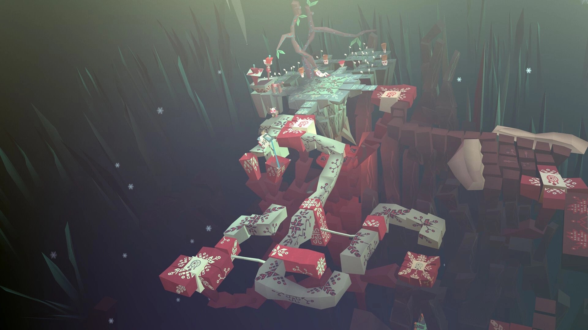 Hope Timbre: Mysterious creature navigates intricate puzzle path in a glowing abstract night environment