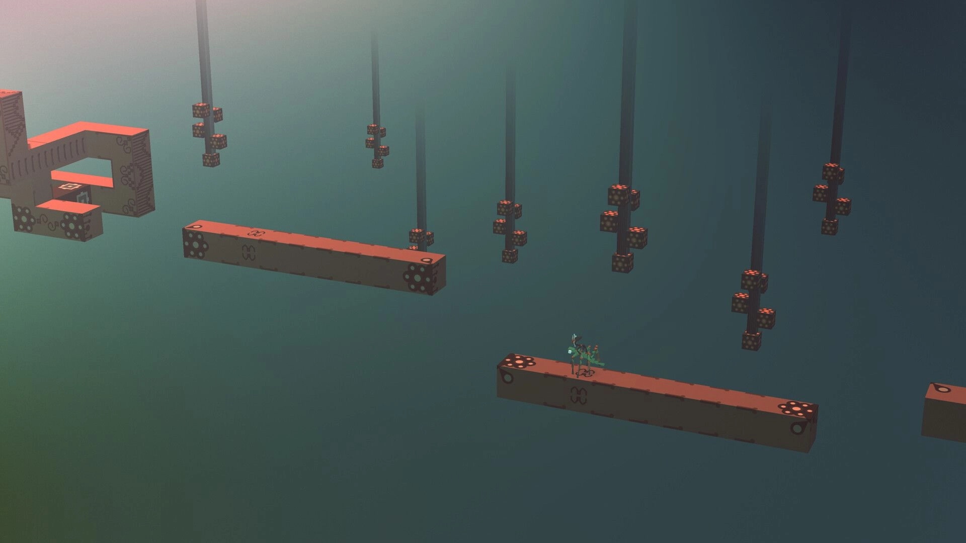 Hope Timbre: Mysterious creature navigates floating platforms in a surreal, dimly lit environment