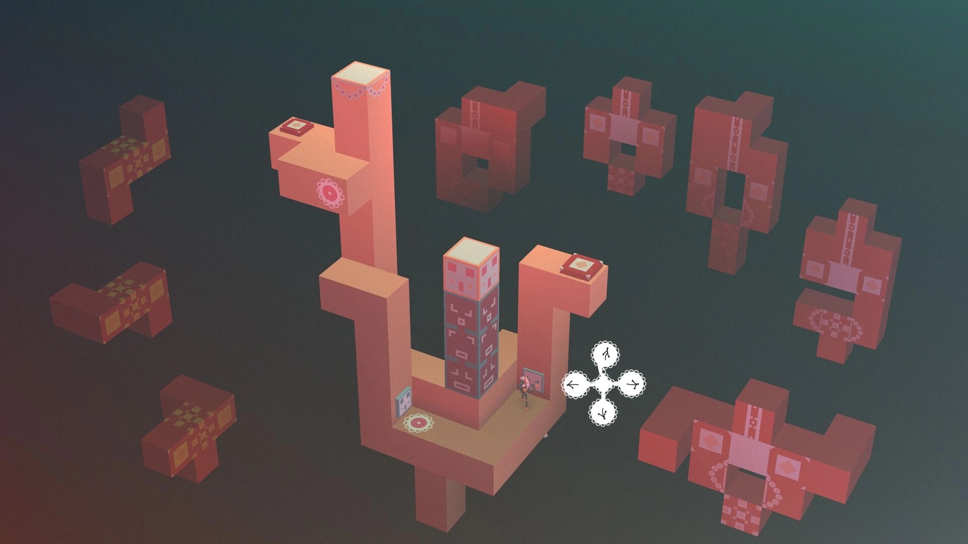 Hope Timbre: Character navigates floating geometric structures with directional UI in abstract space