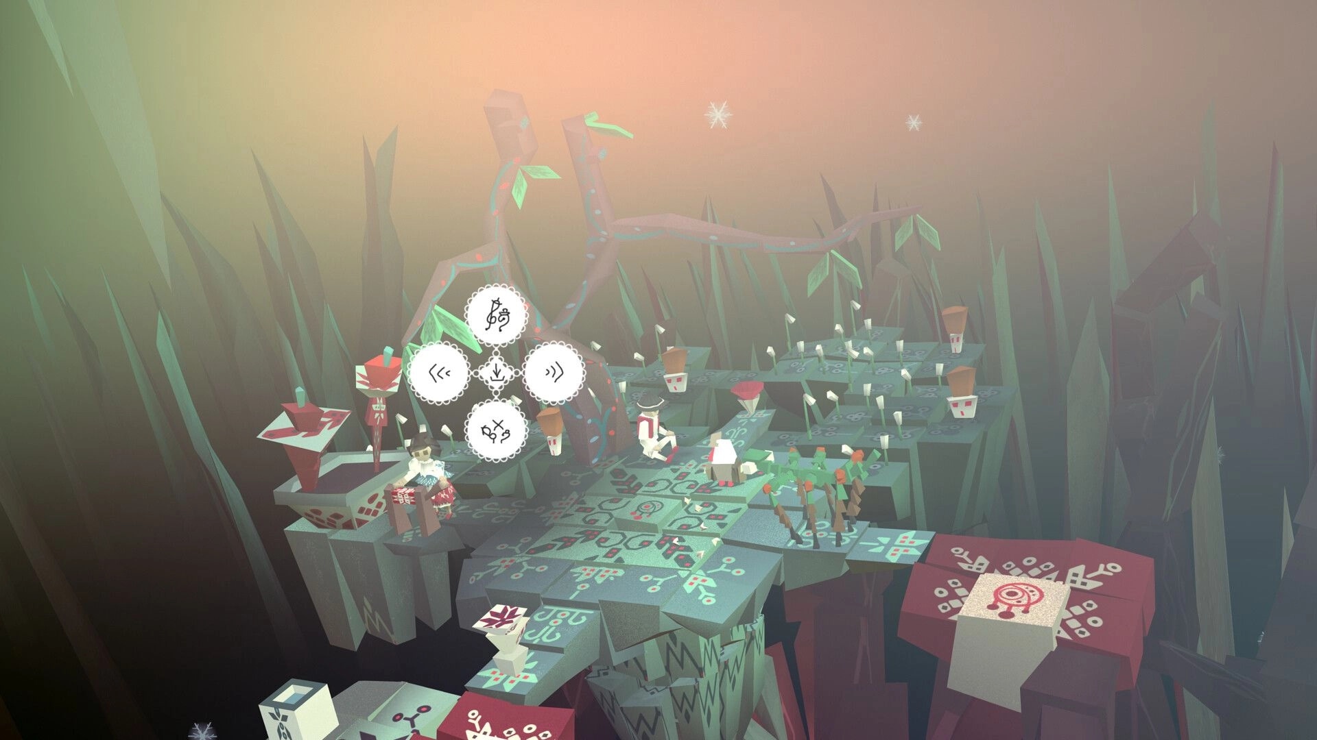 Hope Timbre: Dialog menu with music symbols and two characters on a patterned path in a mystical forest.