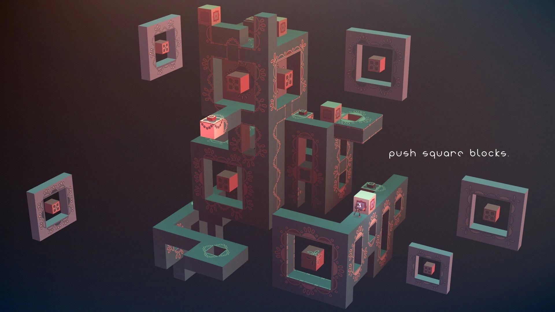 Hope Timbre: Puzzle with floating geometric blocks and "push square blocks" text in a dark realm