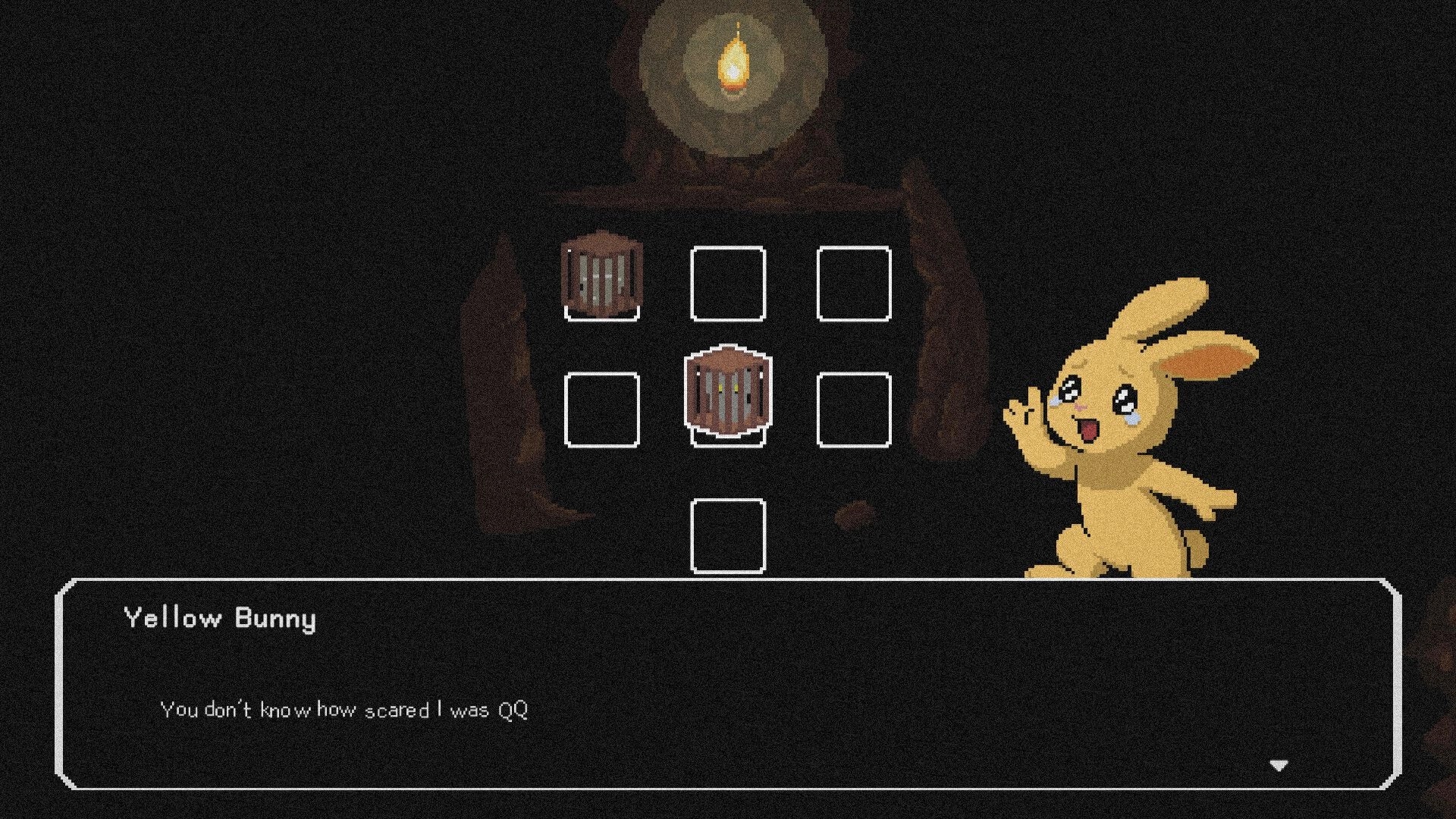Hoptale: Yellow Bunny dialogue in a dim cave with two wooden barrels and a glowing orb above.