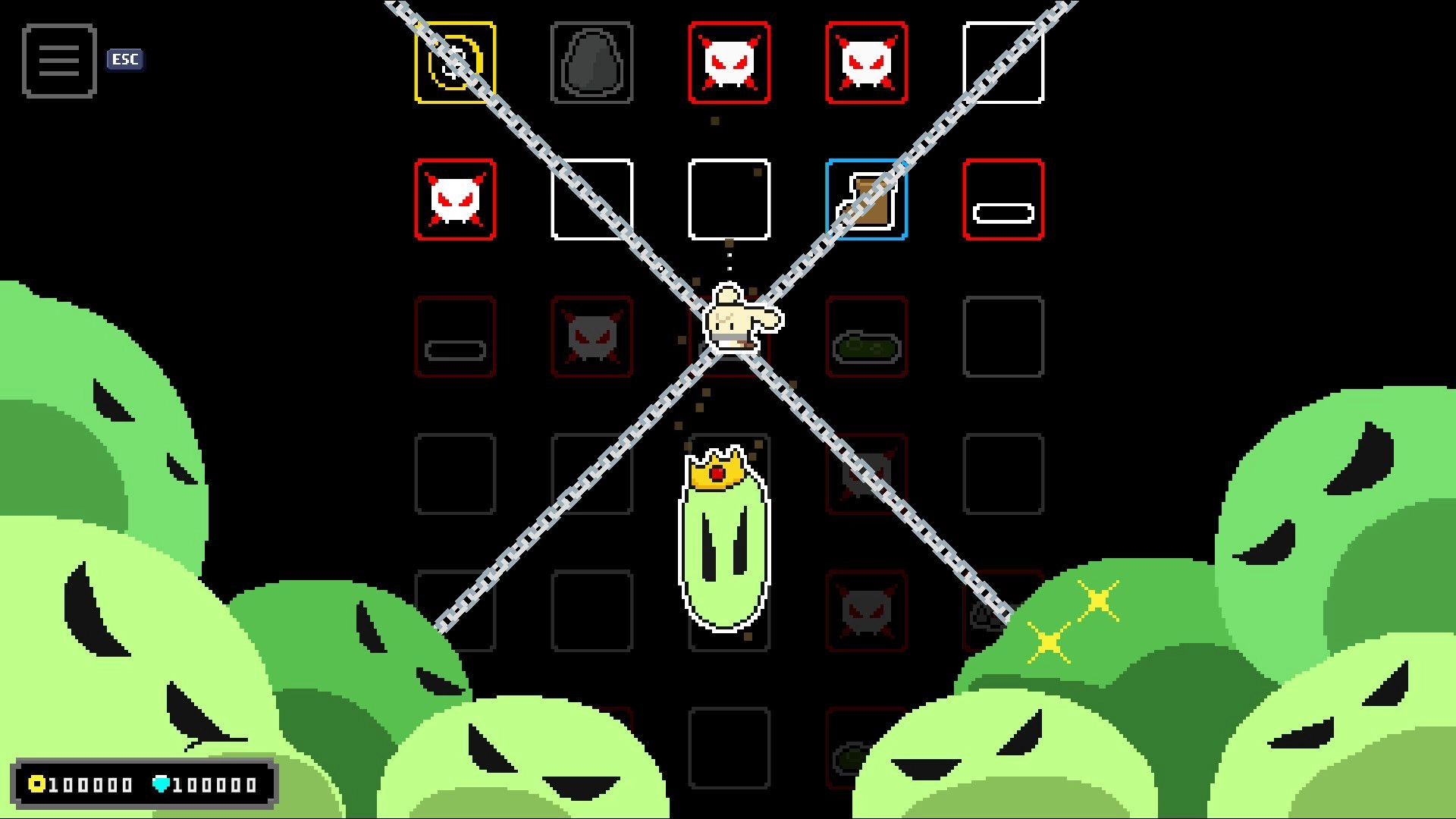 Hoptale: Slot machine interface with chains and grid, surrounded by green monster faces in combat scene