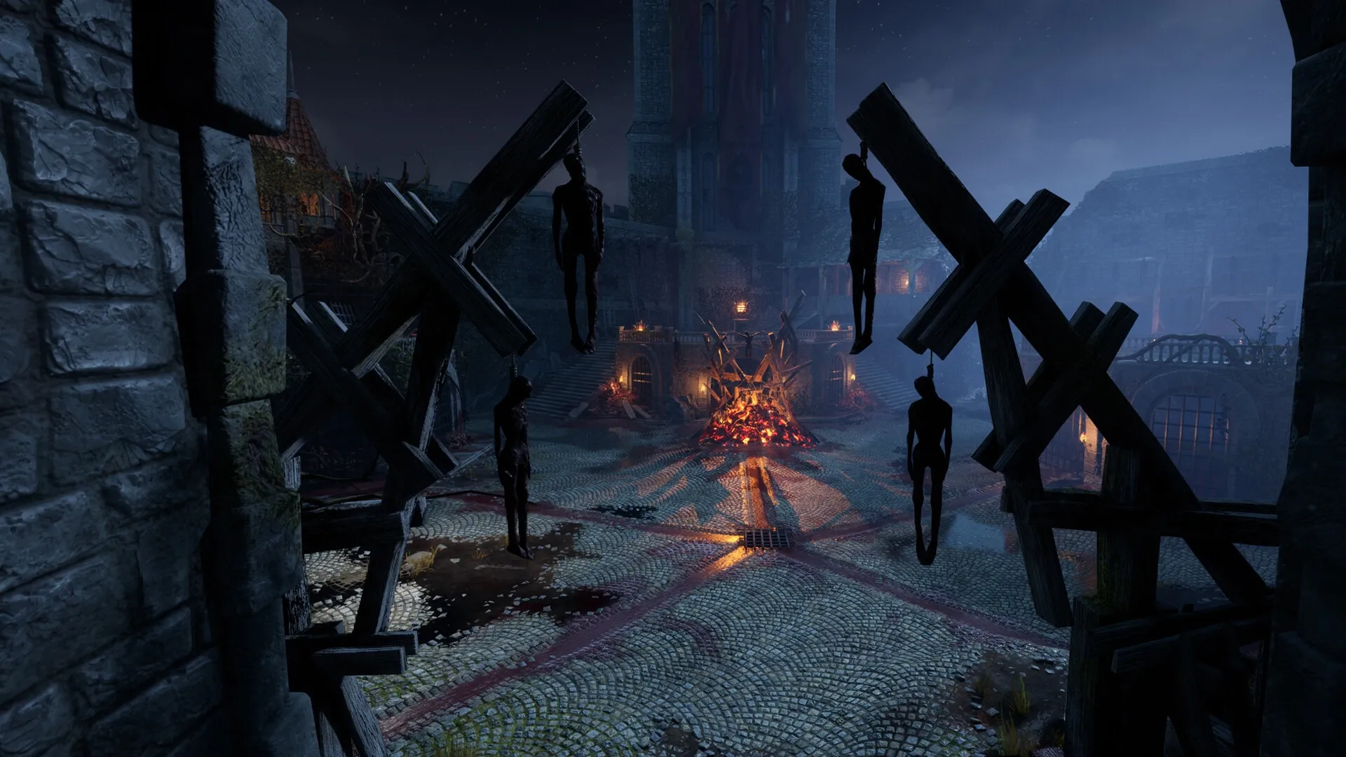 Hordes of Hunger: Dark courtyard with hanging figures and a large bonfire at center