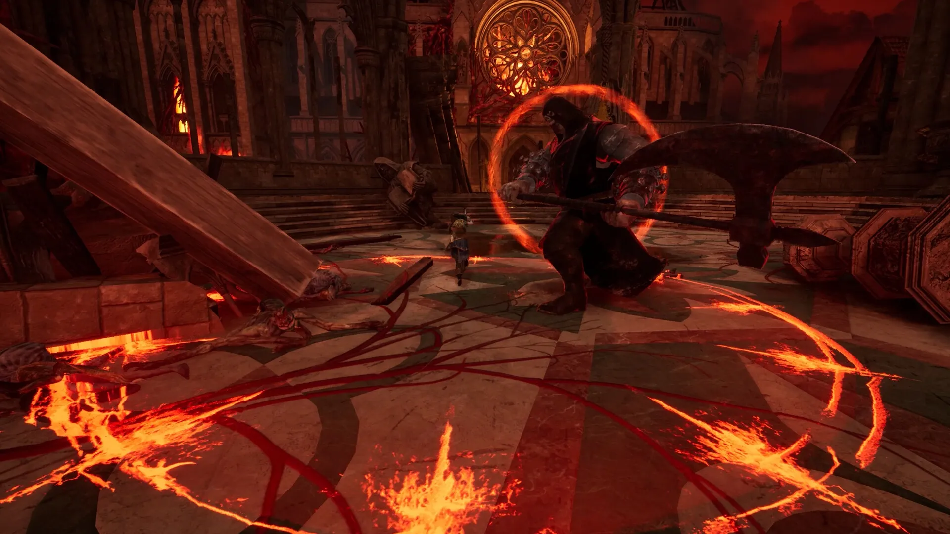 Hordes of Hunger: Mirah battles a giant armored foe amidst fiery runes in a dark cathedral setting.