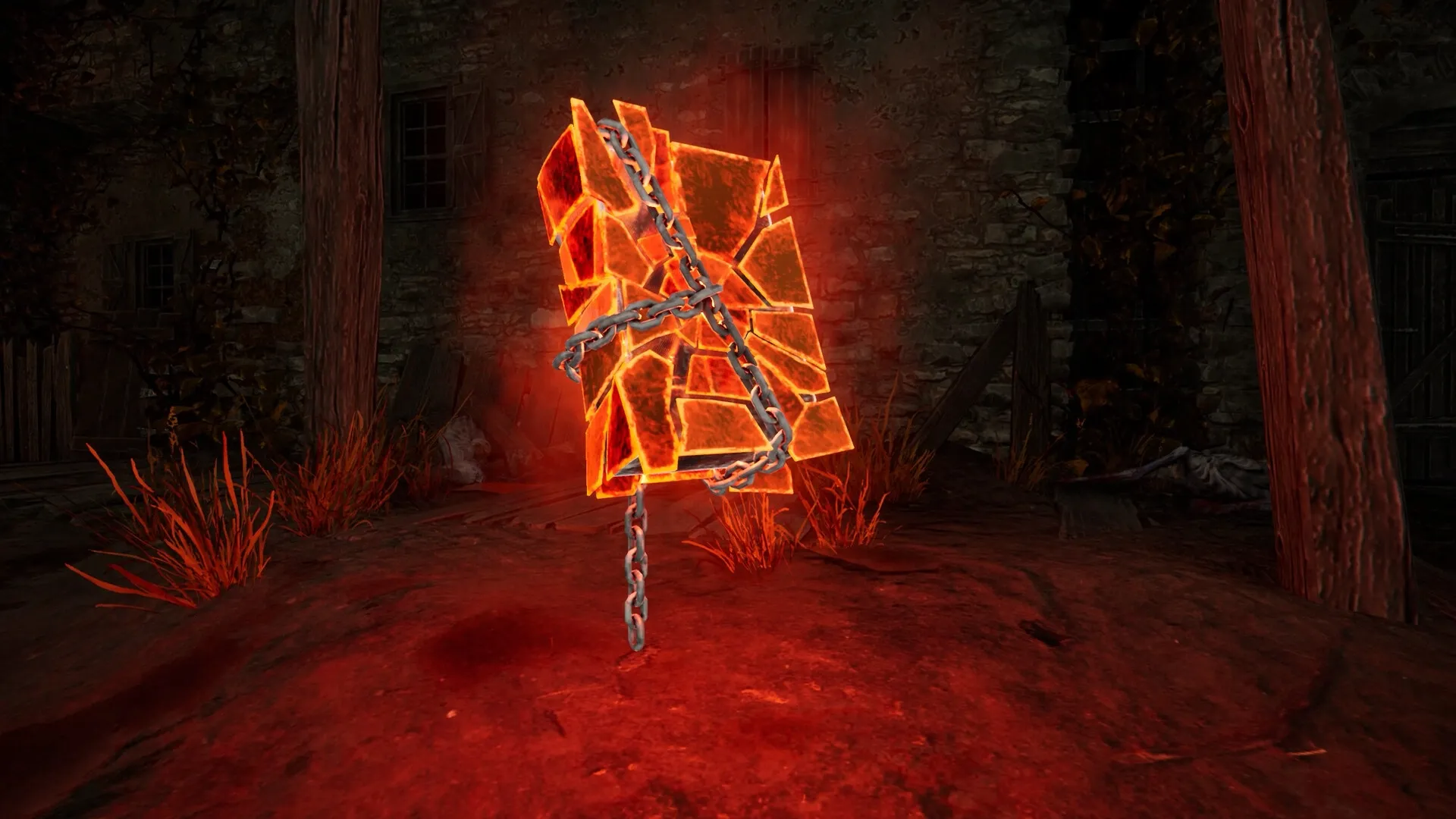 Hordes of Hunger: Glowing chained book levitates amidst eerie ruins and reddish ground in dark setting