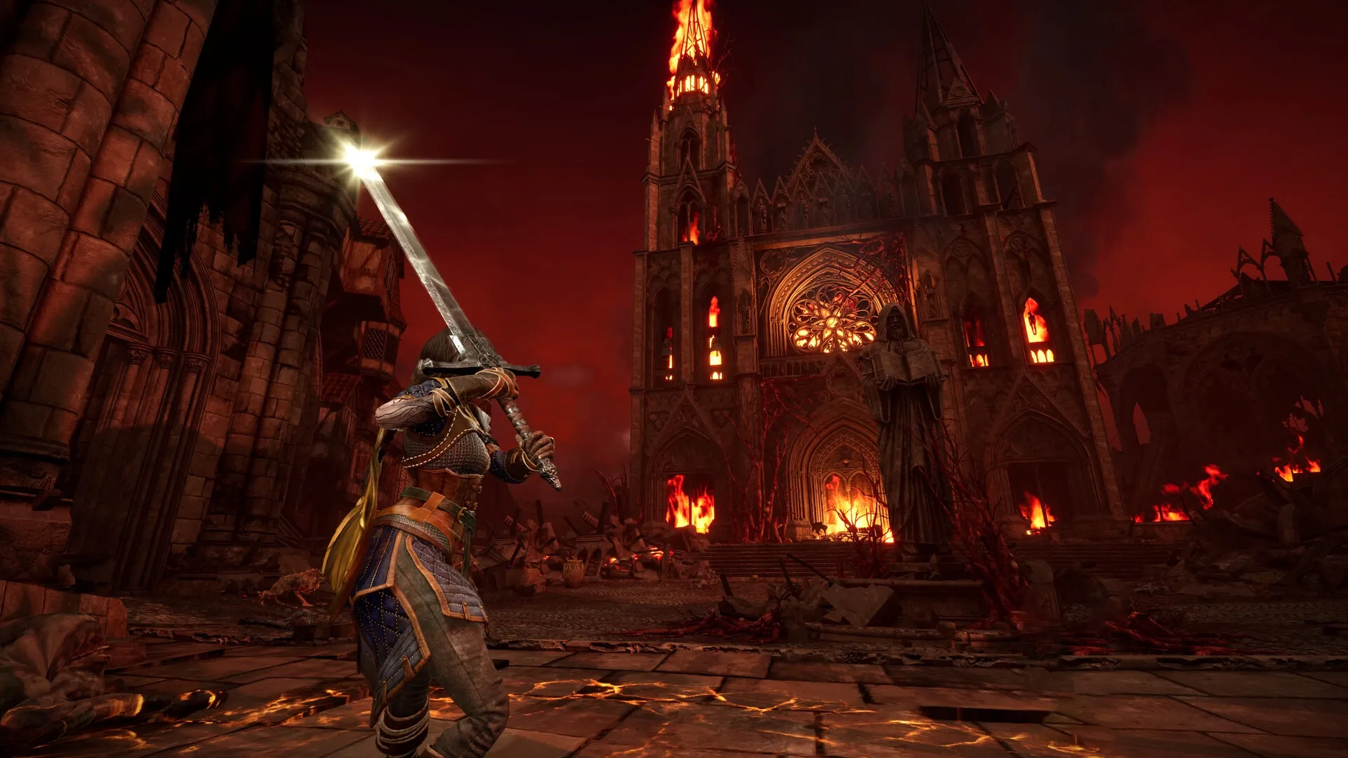Hordes of Hunger: Warrior brandishing a sword in front of a burning cathedral in a fiery, apocalyptic city.