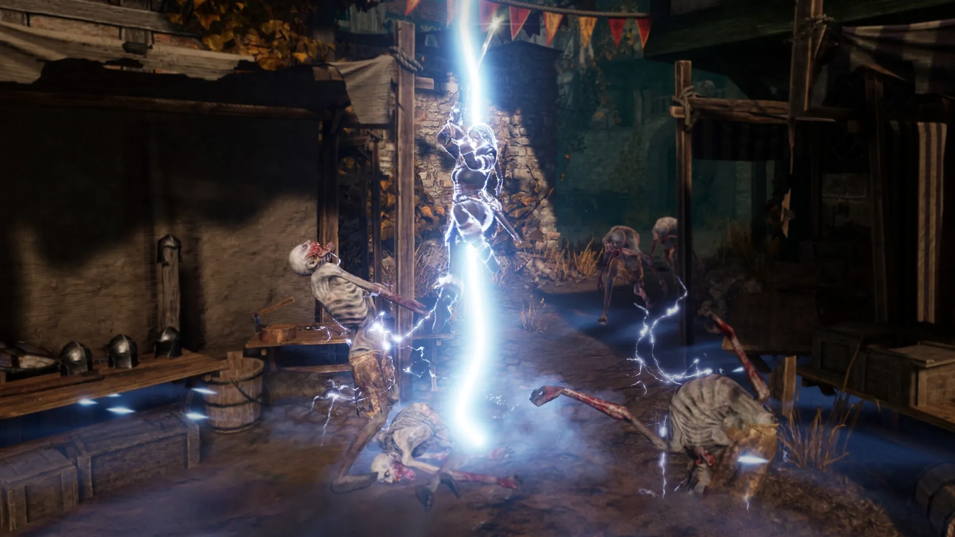 Hordes of Hunger: Mirah unleashes lightning attack on skeletal enemies in a village marketplace setting.