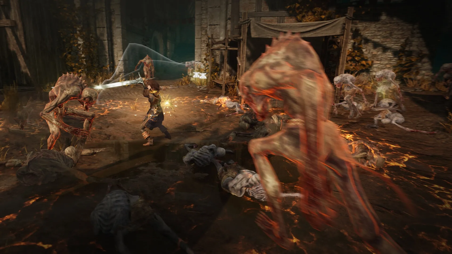 Hordes of Hunger: Mirah battles grotesque monsters in a desolate village surrounded by decay and ruins.