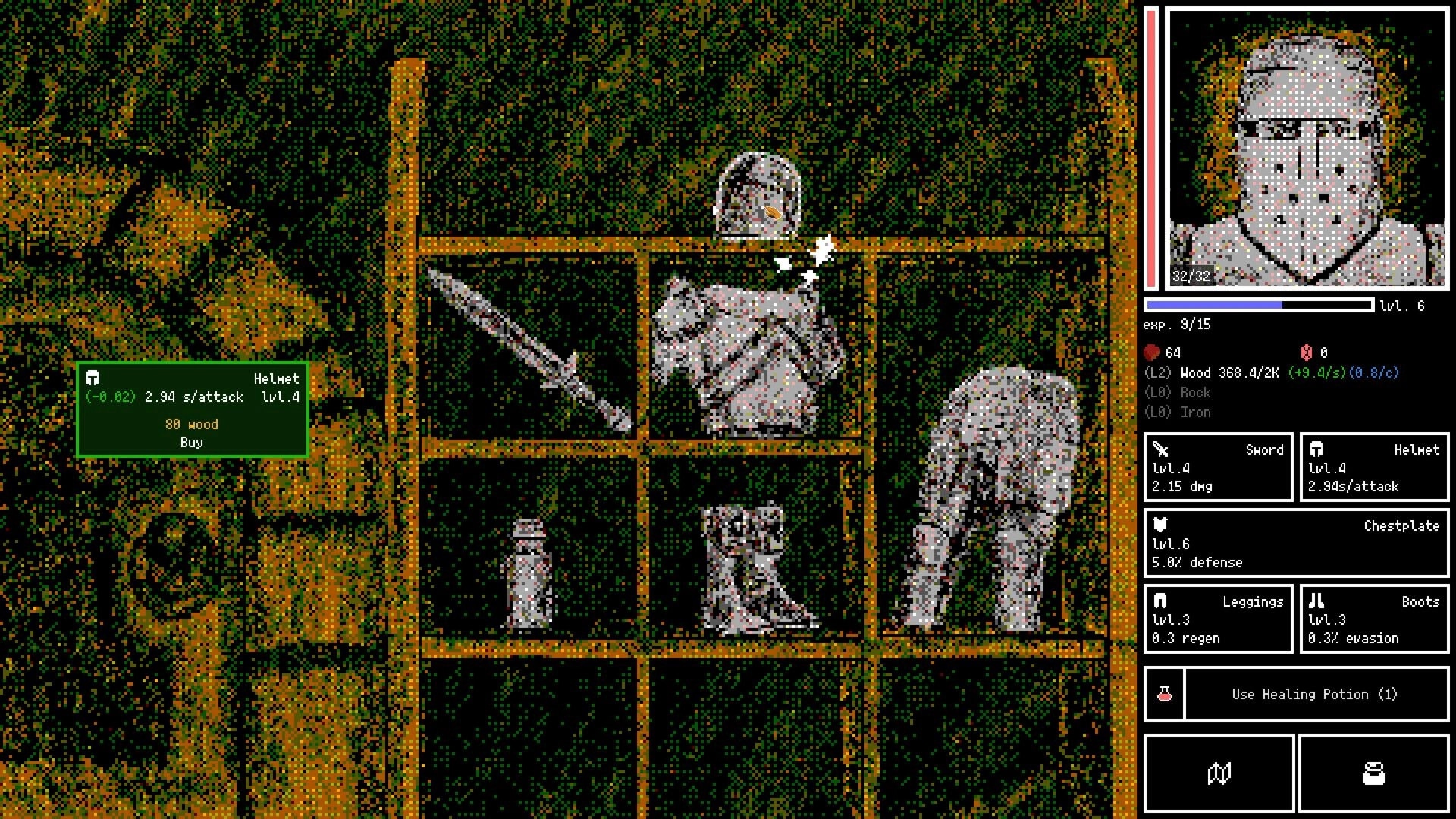 Horripilant: Inventory screen showing equipped armor and weapons with stats in a dimly lit dungeon.