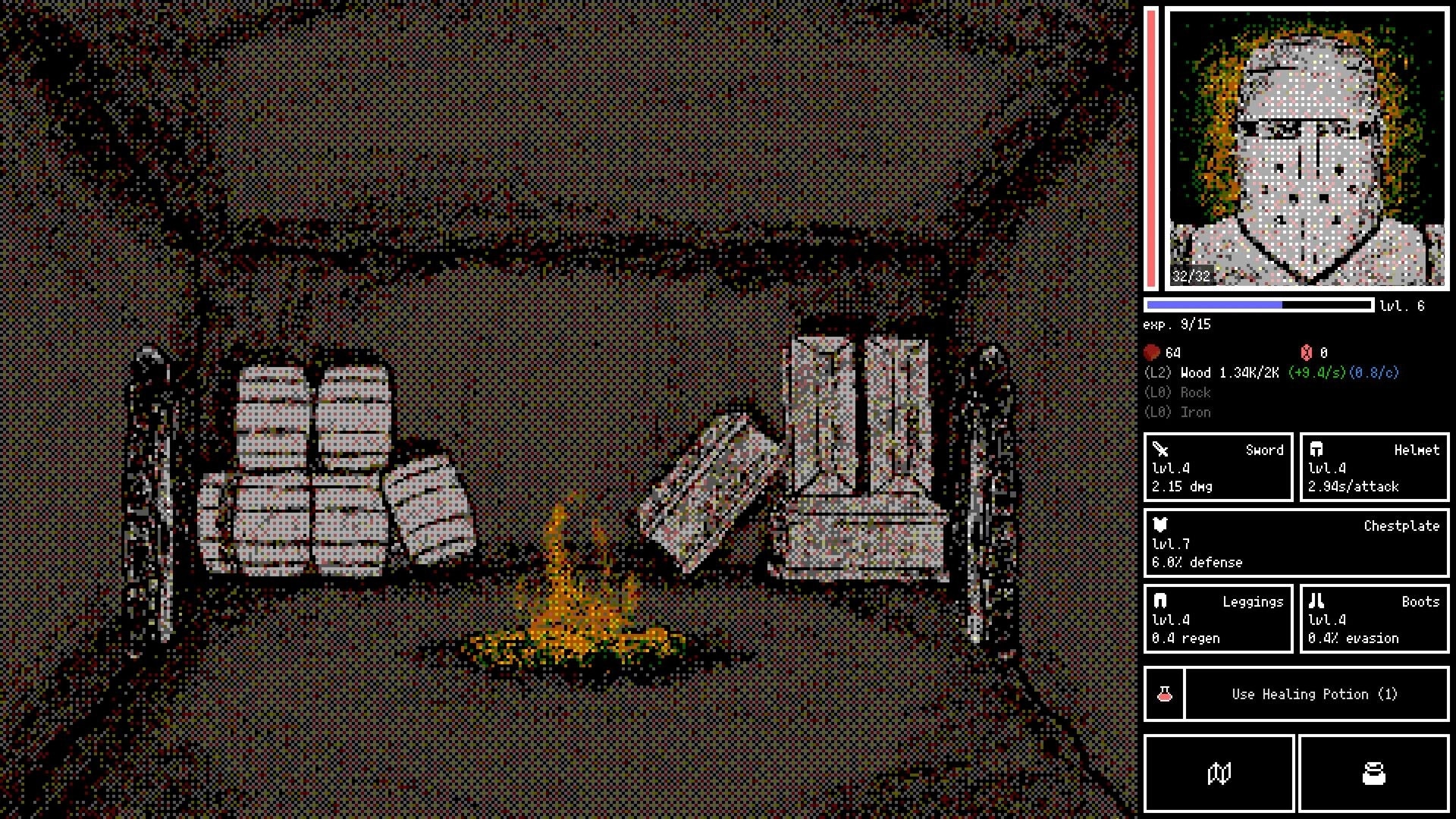 Horripilant: Inventory and character stats displayed beside a dimly lit dungeon with stacked crates.