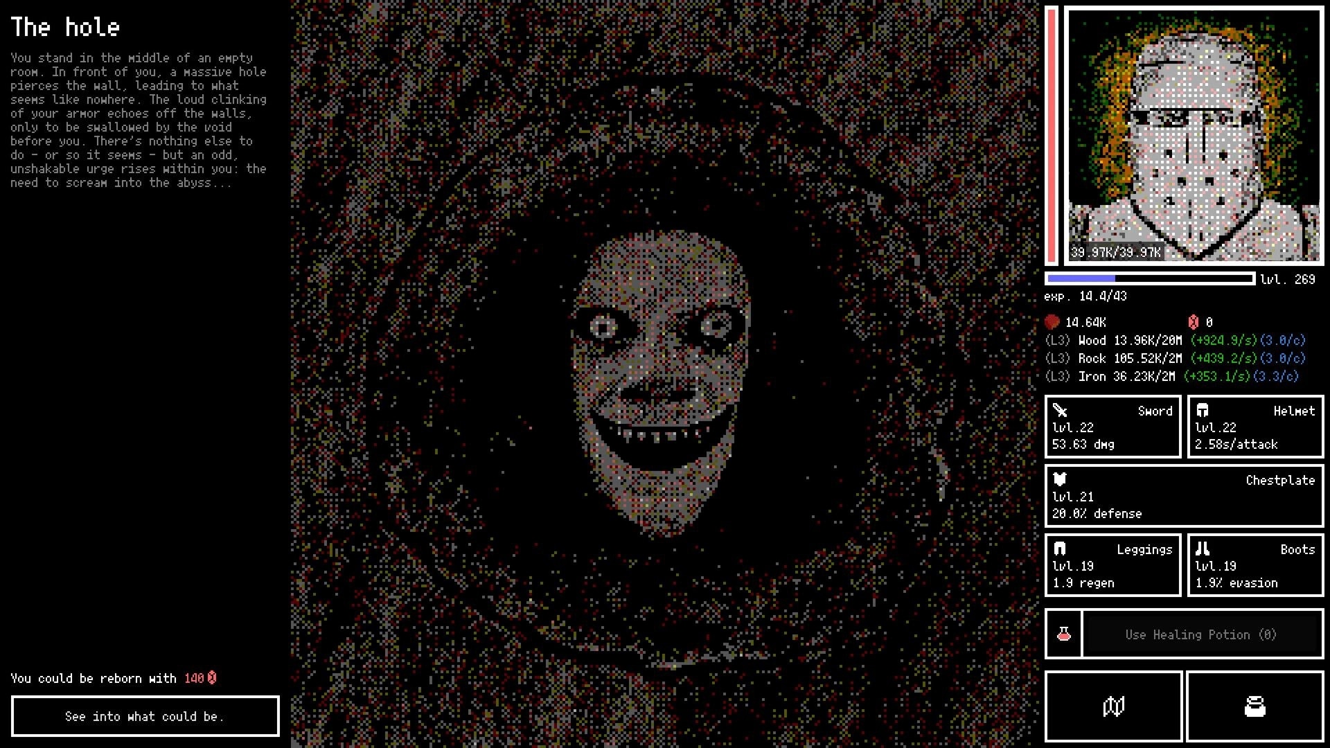Horripilant: Creepy face in dark, eerie room with character stats and inventory on the right side.