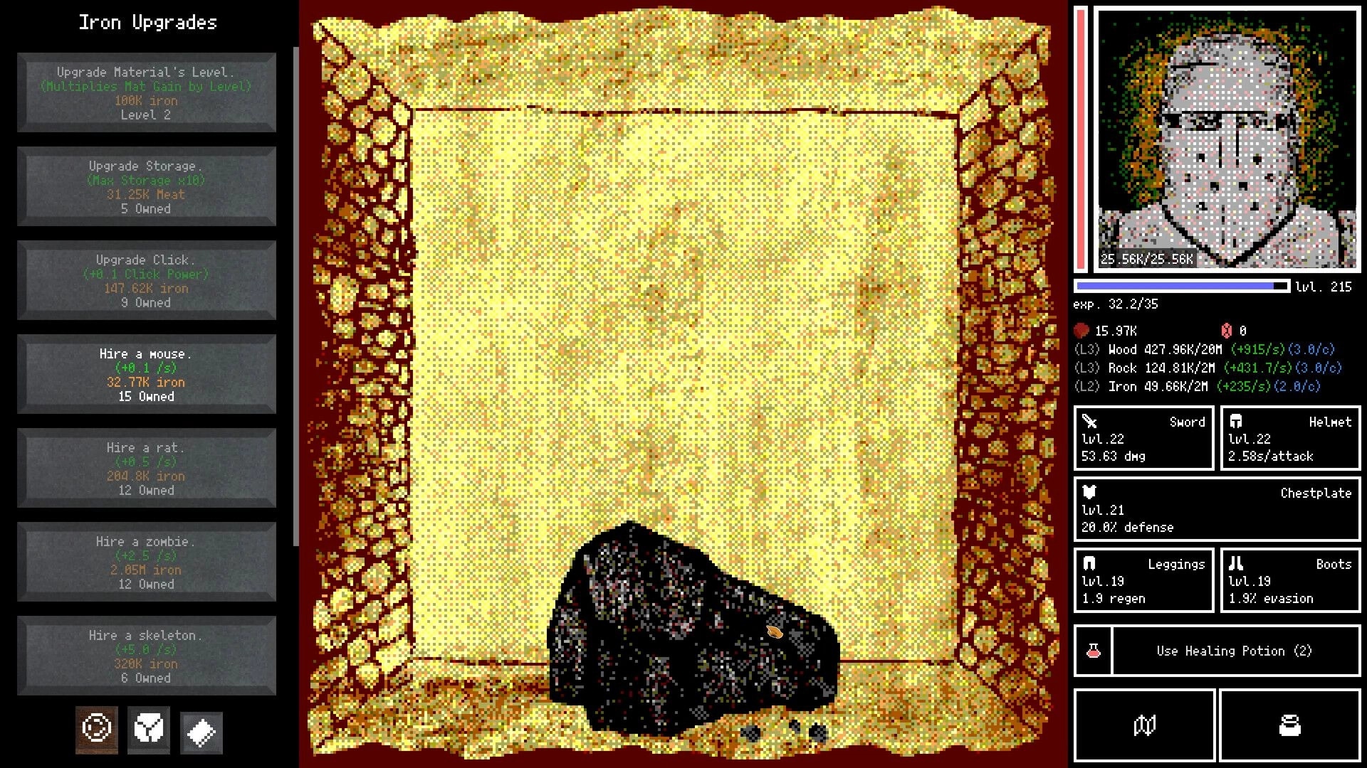 Horripilant: Iron upgrades menu with resource stats and armored character portrait in a dungeon setting.