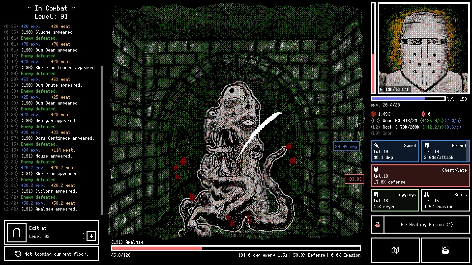 Horripilant: Combat with Amalgam in a dark dungeon, health stats and inventory displayed on screen.