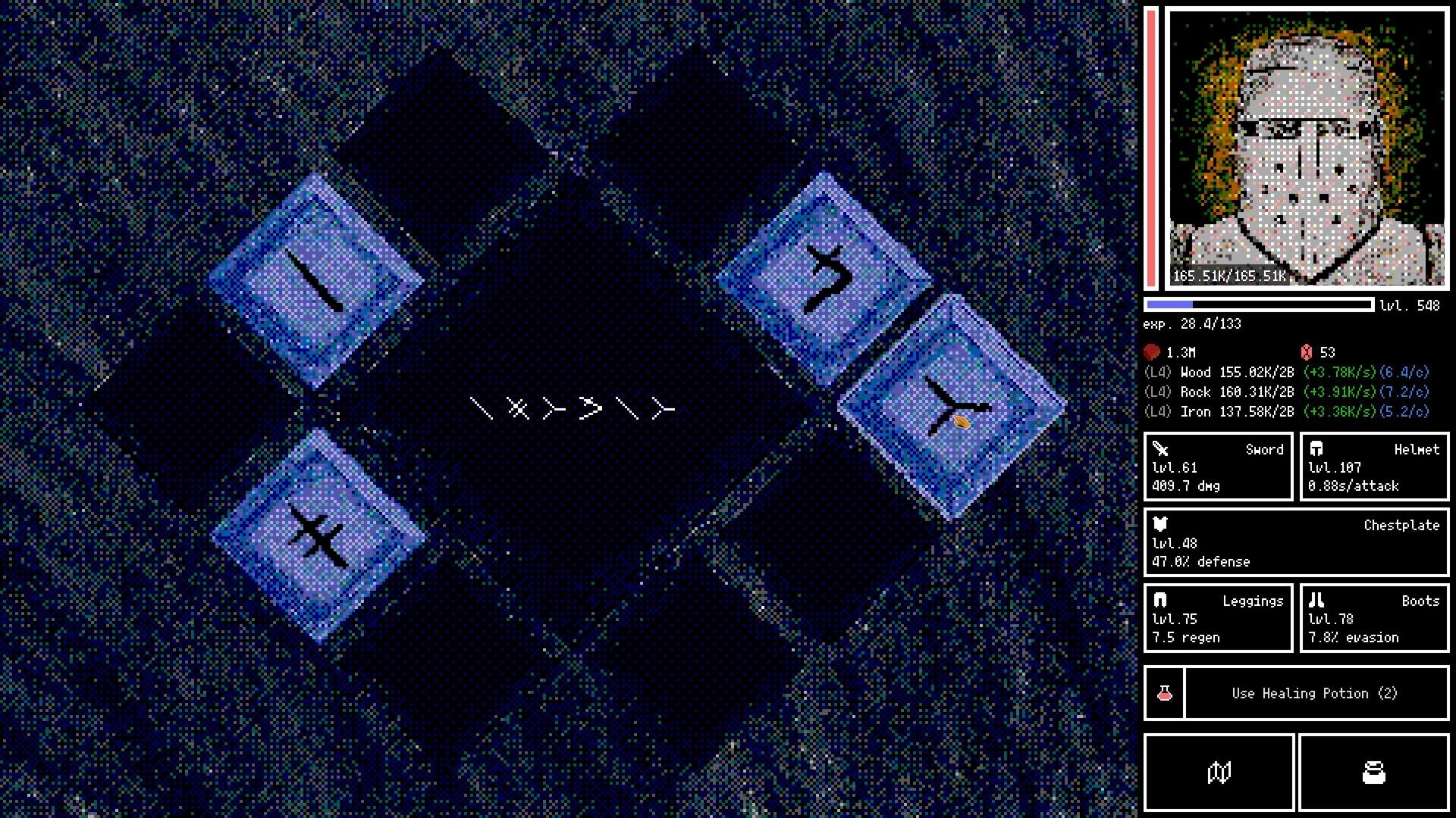 Horripilant: Player character menu with stats, inventory items, and a pixelated dungeon map interface.