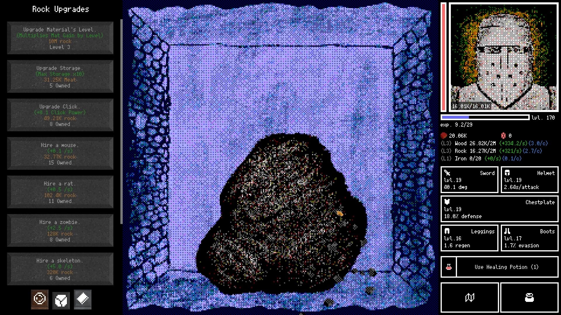 Horripilant: Rock upgrades and character stats interface in a pixelated dungeon environment