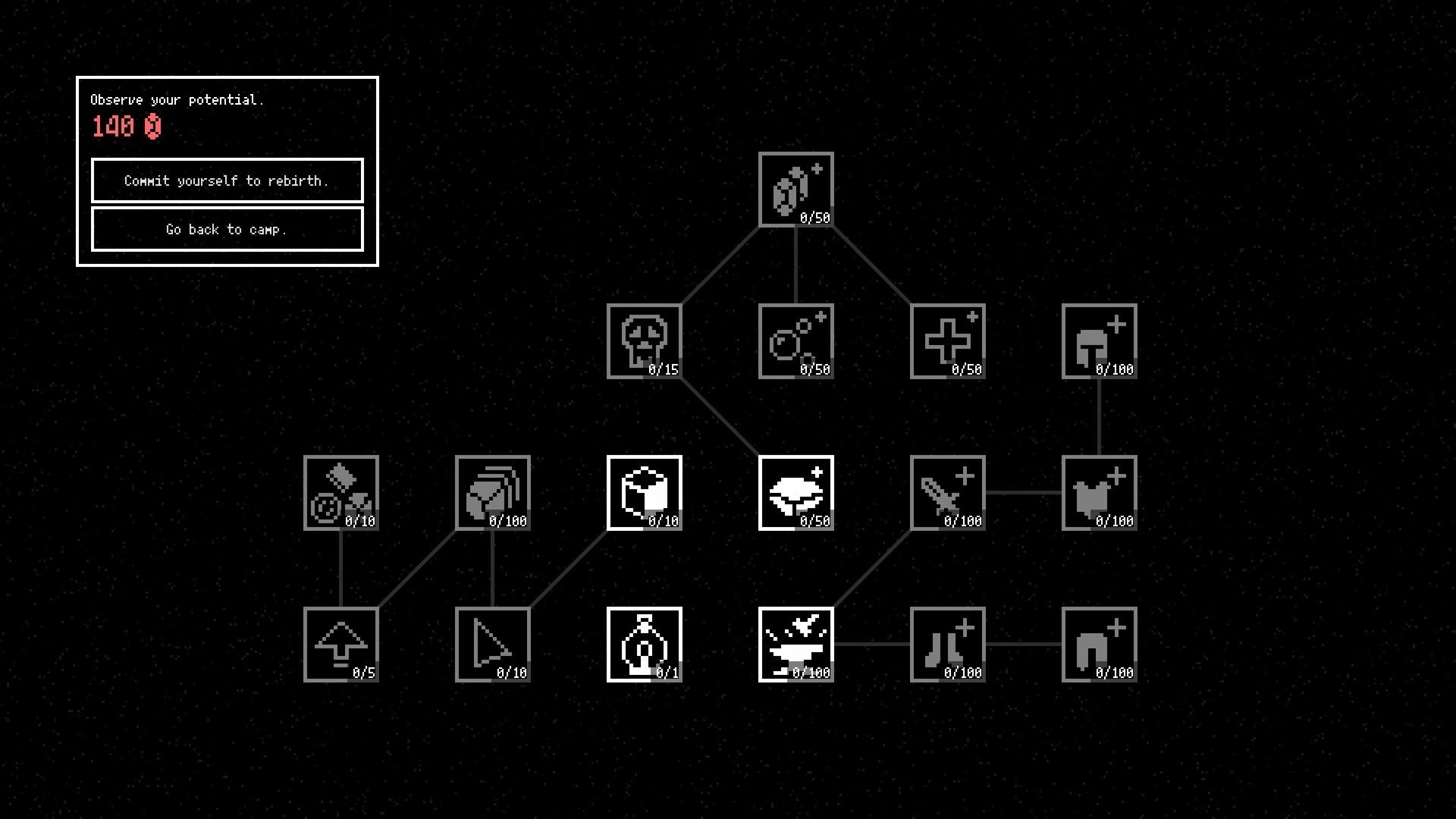 Horripilant: Skill tree interface with options to commit, rebirth, or return to camp in dark dungeon setting.