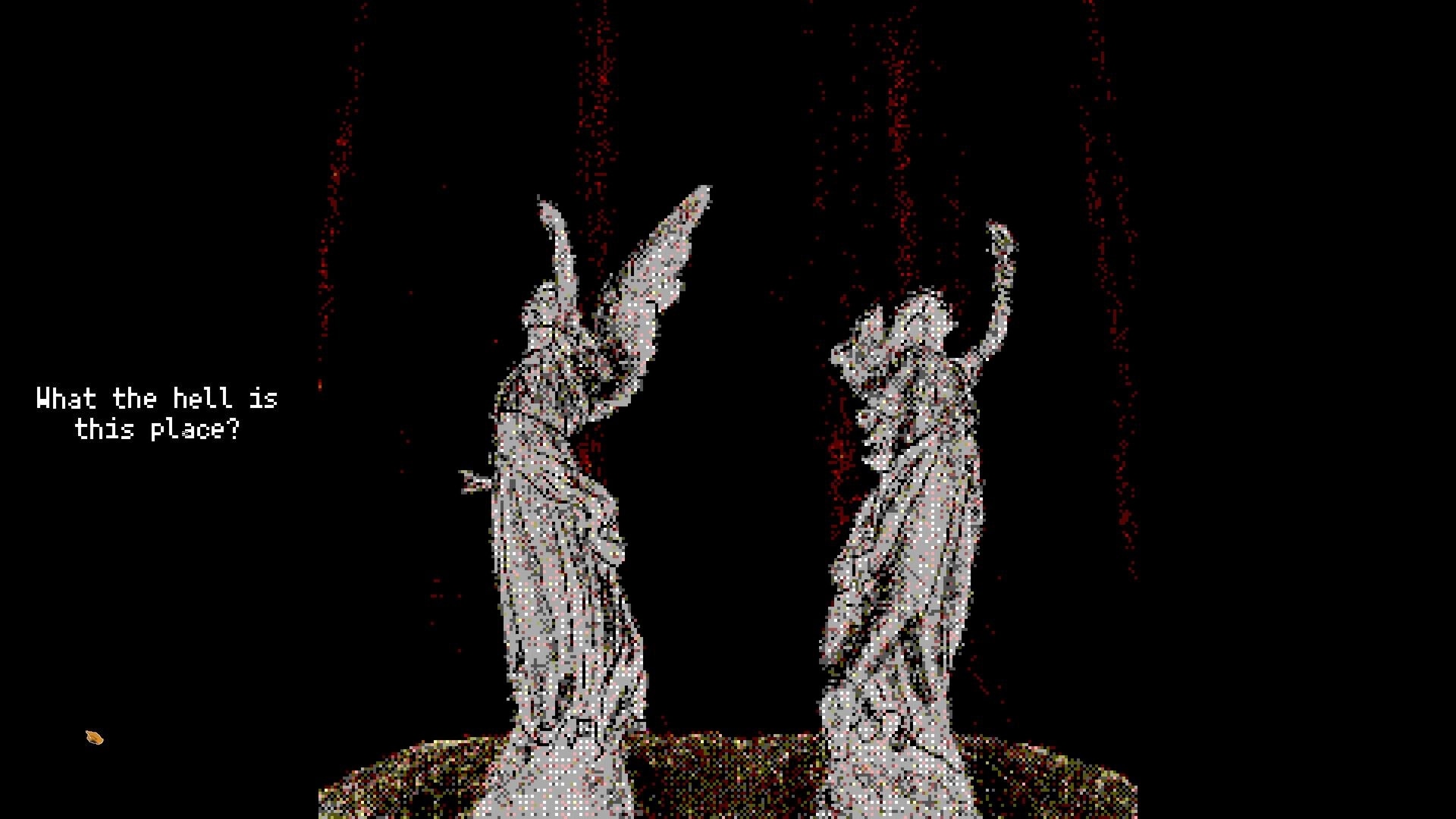 Horripilant: Two eerie angel statues in a dark, ominous dungeon with mysterious red streaks in the air.