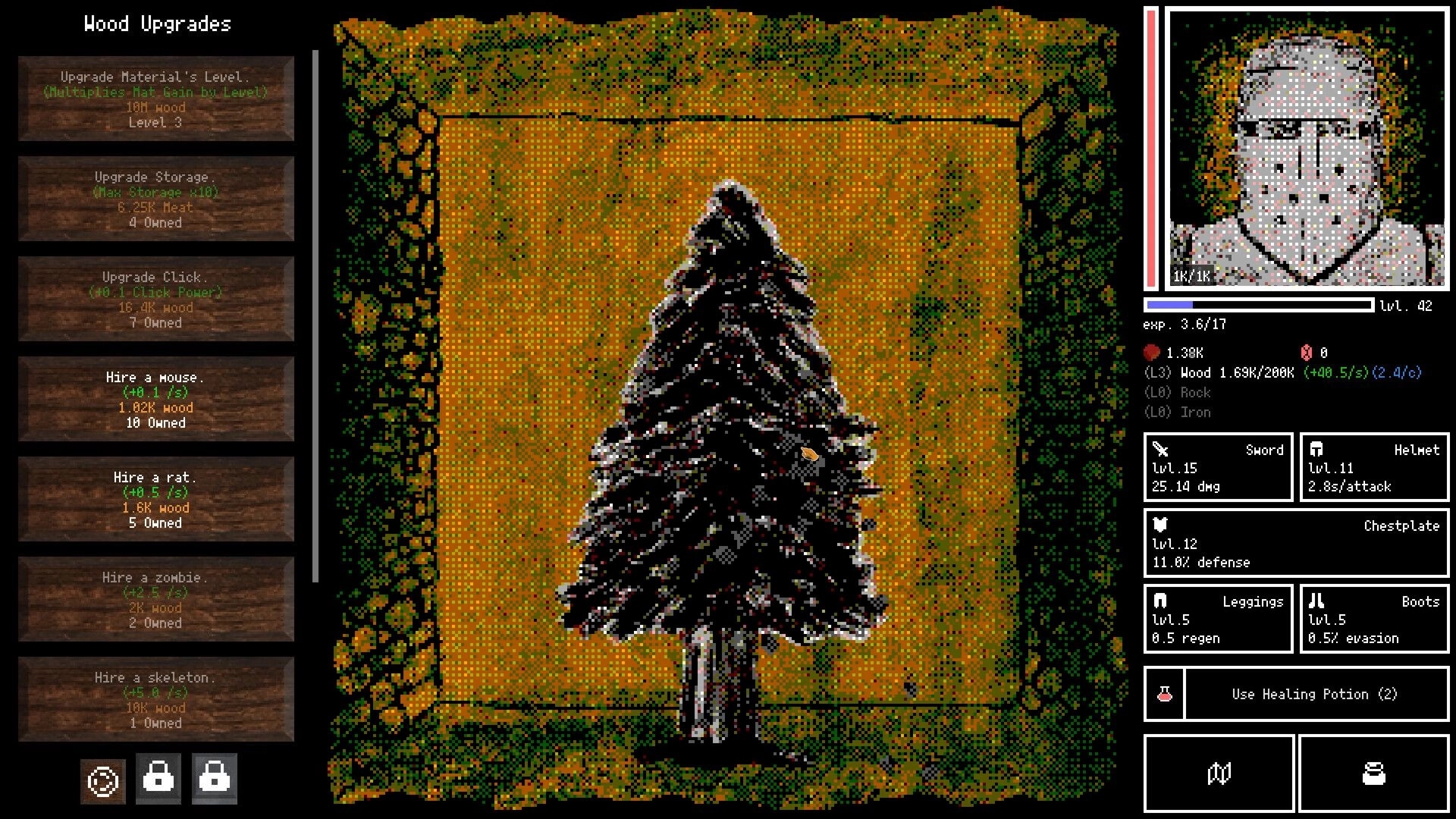 Horripilant: Character stats and wood upgrades menu alongside a central pixelated tree in dungeon.