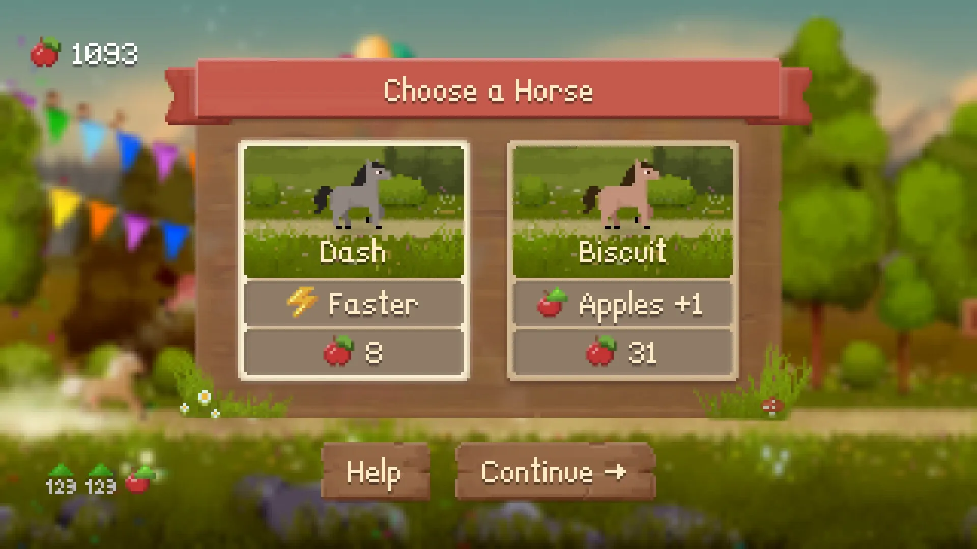 Horse Runner DX: Horse selection screen with Dash and Biscuit options in a vibrant, grassy setting.