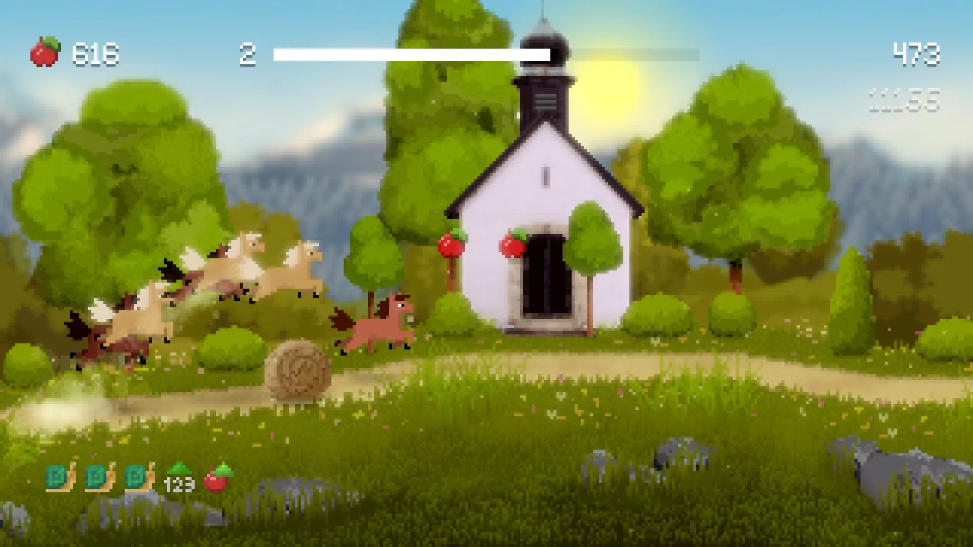 Horse Runner DX: Herd of horses leap past a quaint chapel in lush green countryside with UI elements visible.