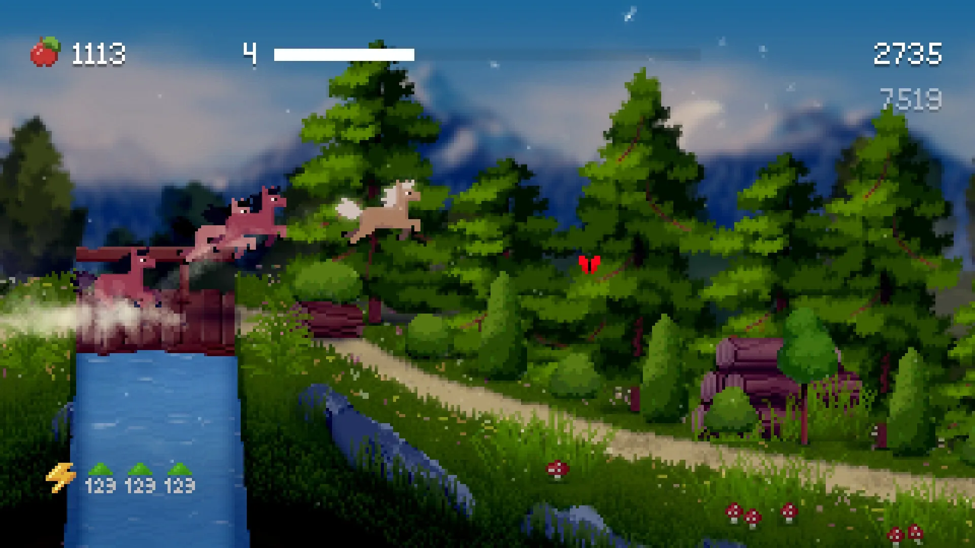 Horse Runner DX: Herd of pixel horses jumping over a river in a lush forest setting with UI elements visible