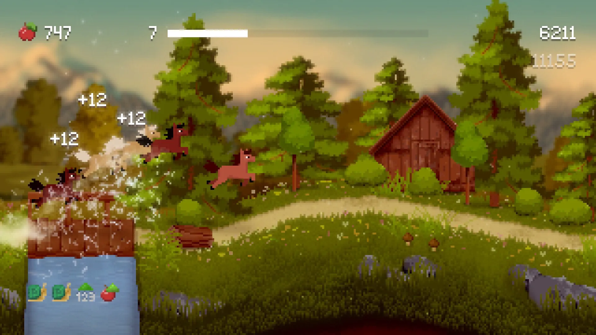 Horse Runner DX: Horses leap over obstacles in a lush forest with score and items displayed on screen.