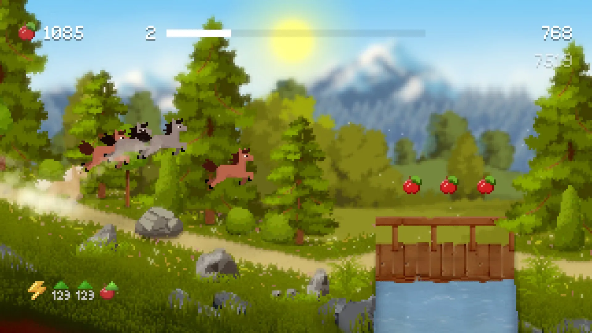 Horse Runner DX: Herd of horses jumping near a bridge collecting apples in a sunny forest setting