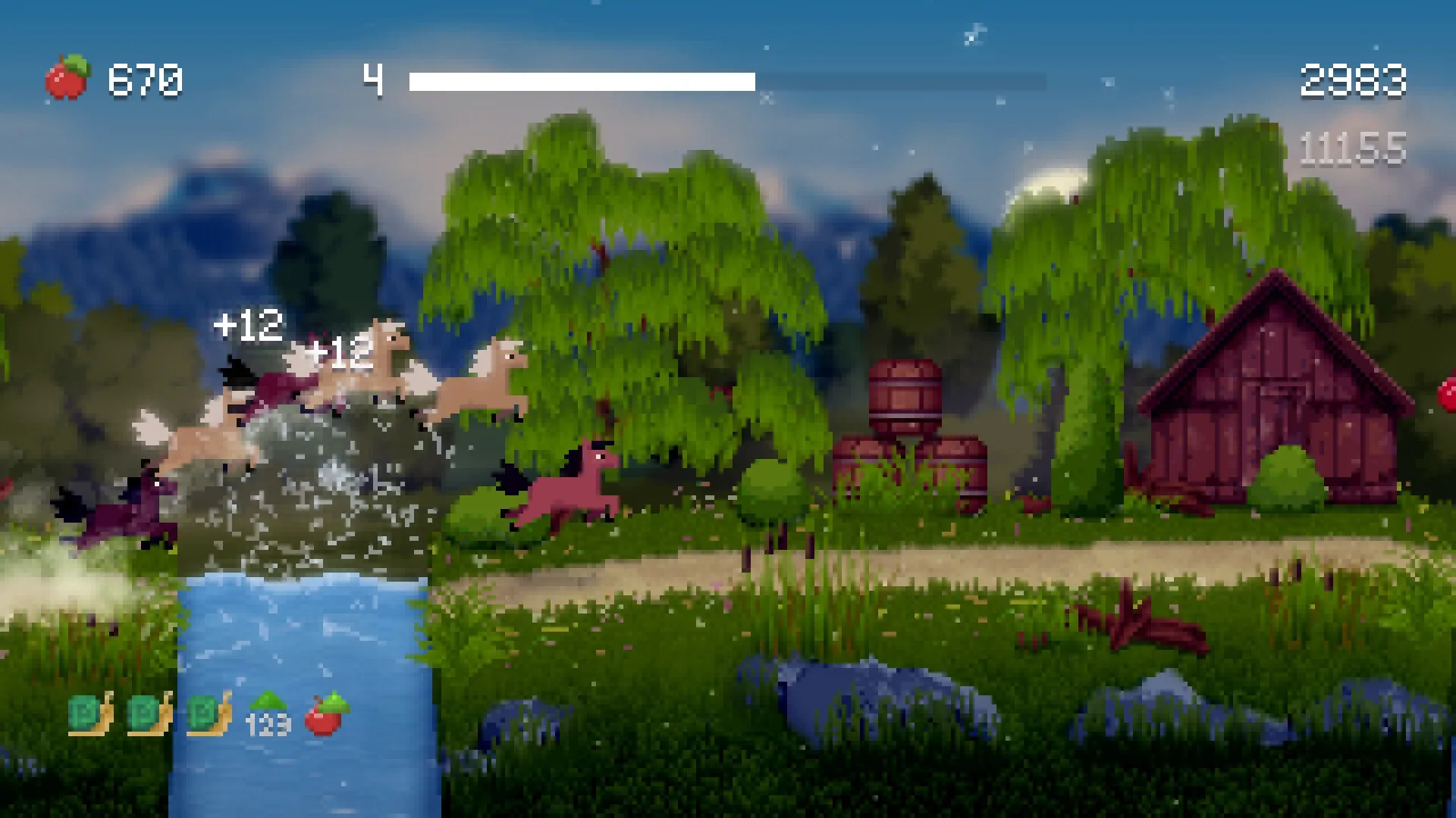 Horse Runner DX: Herd of horses jumping over a stream in a lush forest with a cabin and barrels nearby