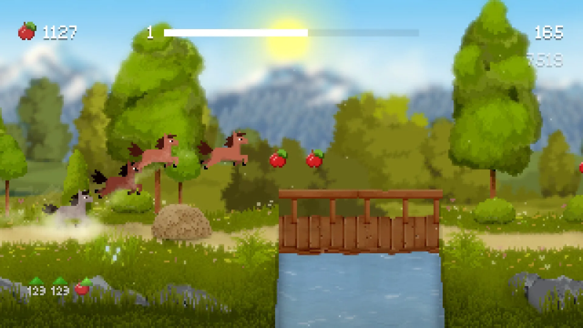 Horse Runner DX: Herd jumping obstacles in lush forest, collecting apples with score and health displayed