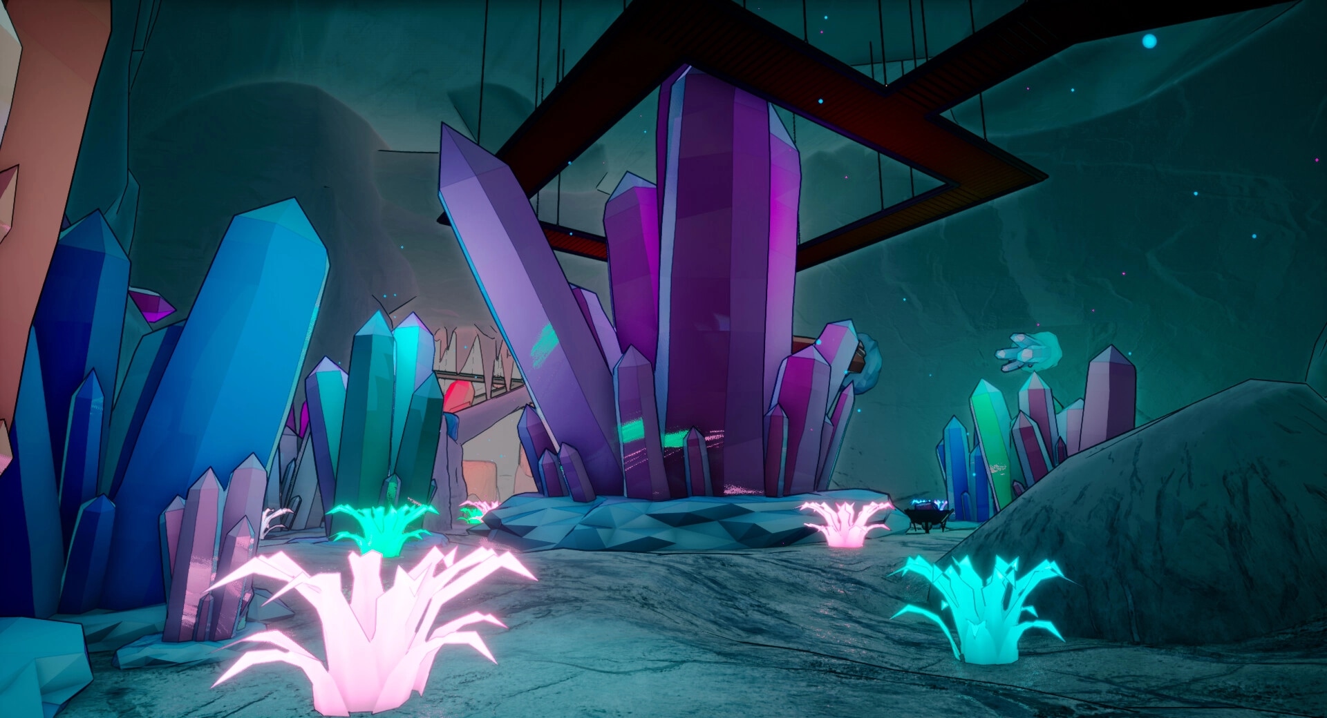 HostageHub: Vibrant cave with large glowing crystals and luminescent plants in an underground setting