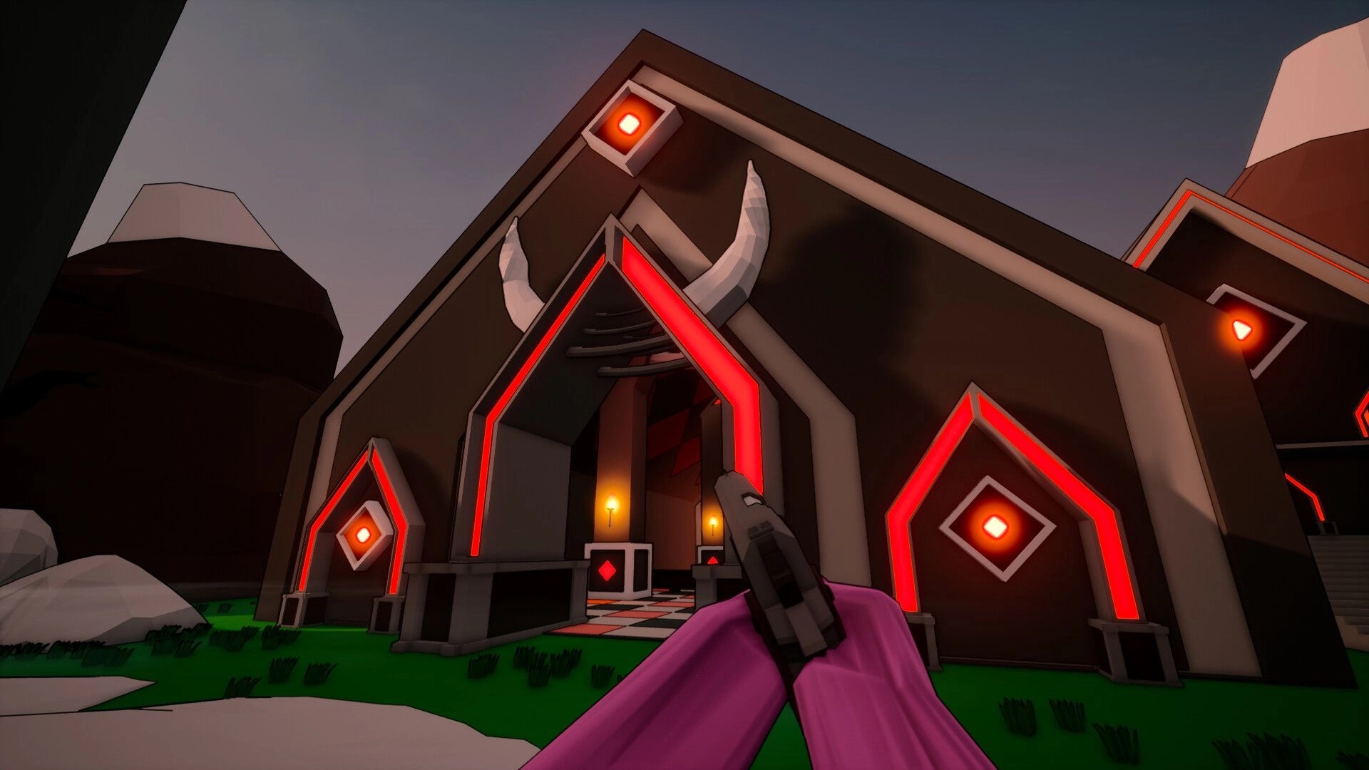 HostageHub: Player aiming at a futuristic building with glowing red accents and horned decorations