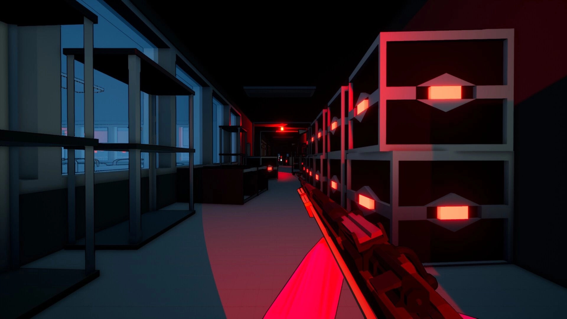 HostageHub: Player navigates dimly lit corridor with red glowing shelves in futuristic building setting