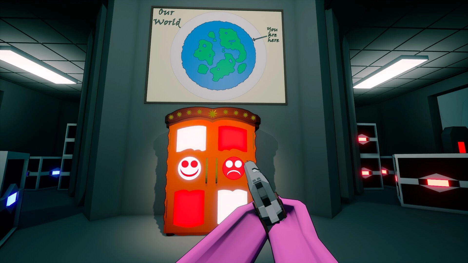 HostageHub: Player aims at a bright red door under a world map in a dimly lit futuristic corridor.