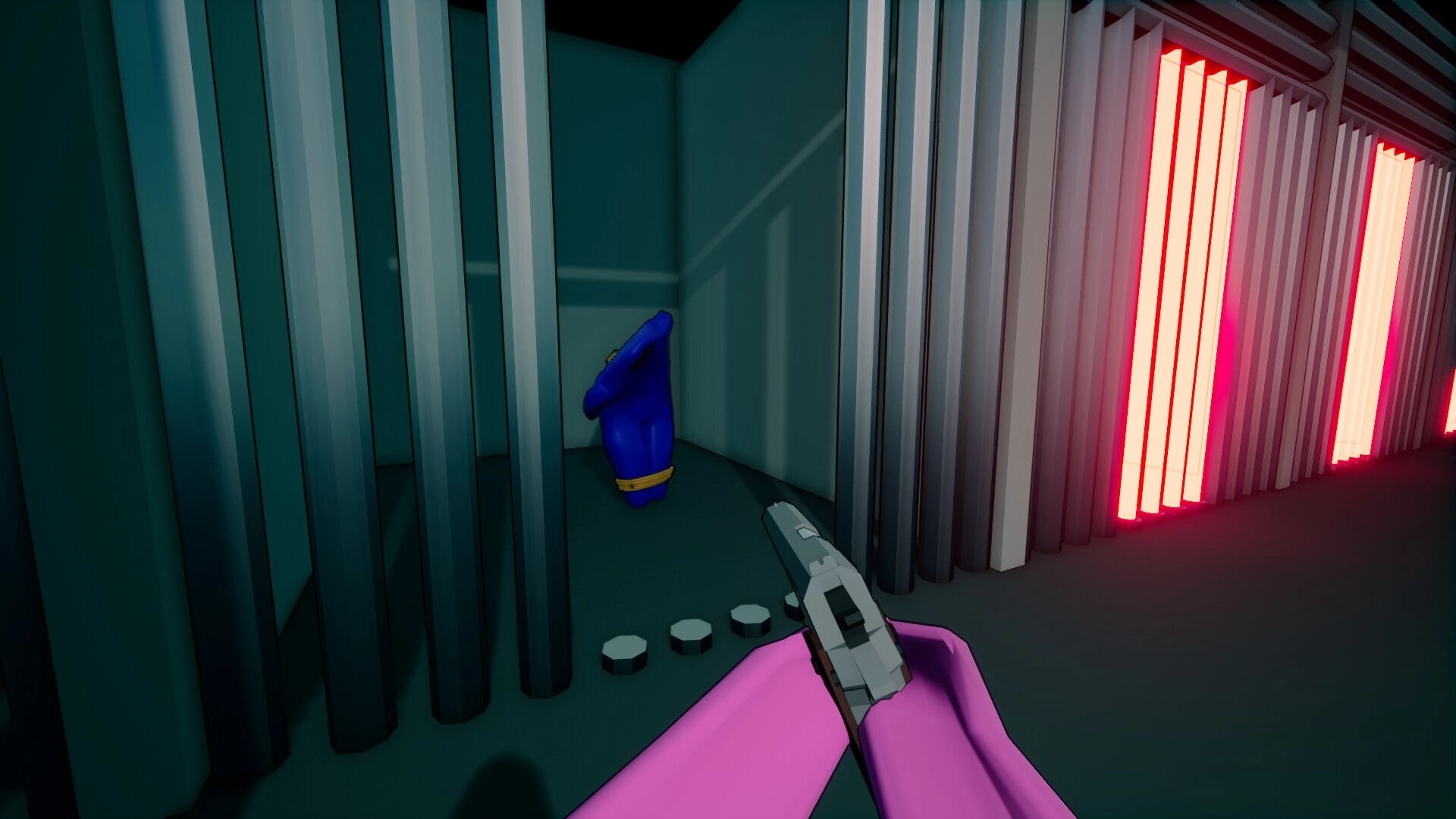 HostageHub: Player aims gun at blue hostage in a dark corridor with red neon lights