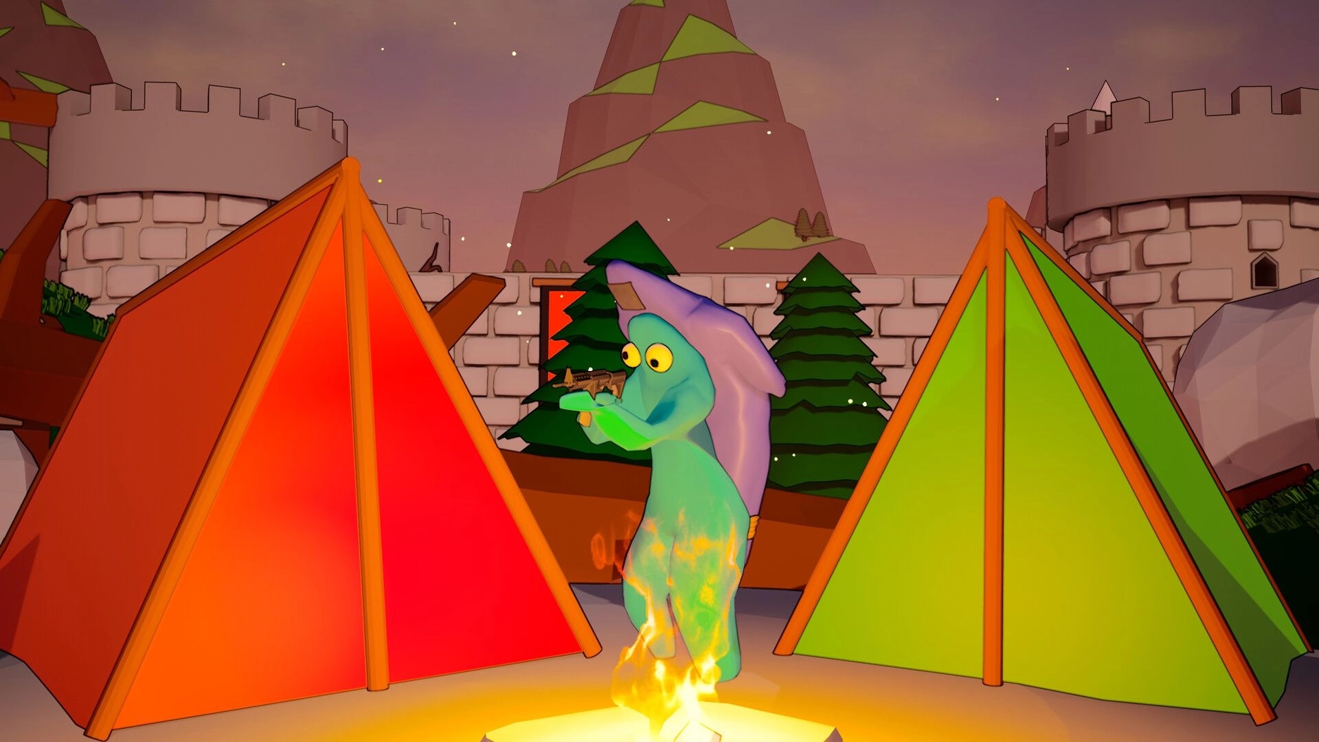 HostageHub: Cartoon character wielding a weapon by campfire between colorful tents in a fortress setting