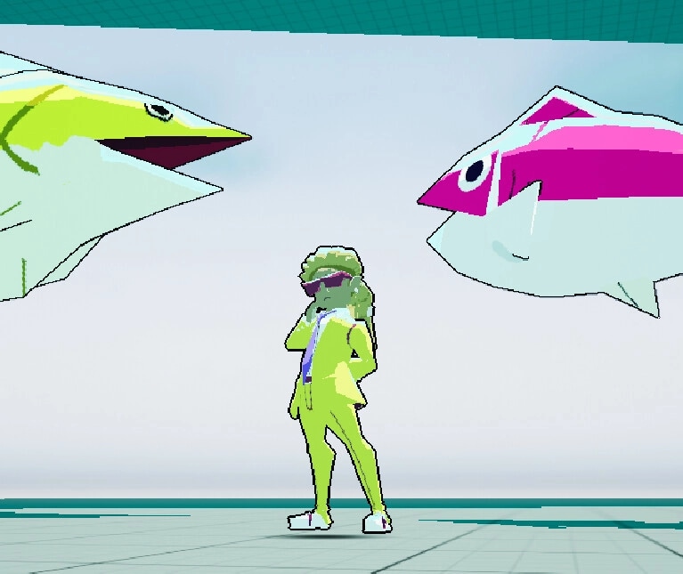 HOSTYLE: Agent Cryptic stands confidently between two giant fish in a minimalist, futuristic arena