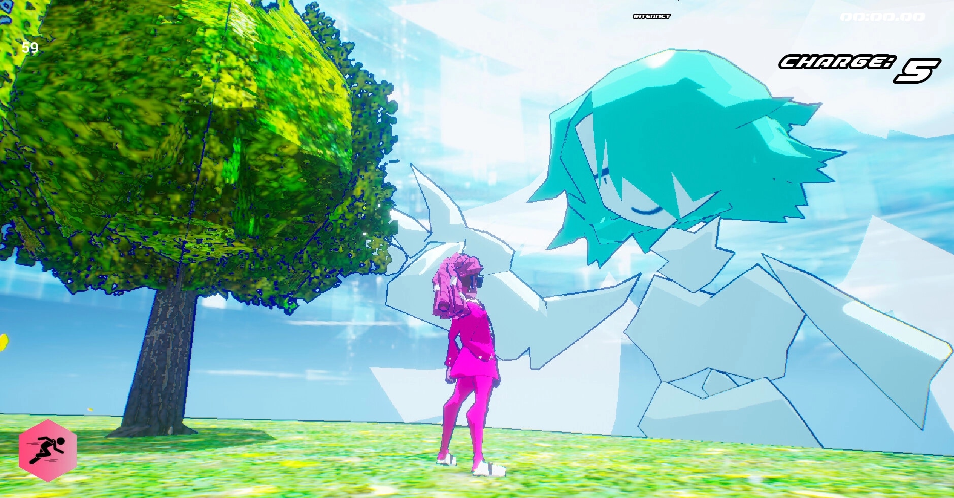 HOSTYLE: Agent Cryptic faces a giant holographic figure in a bright, digital landscape with a tree