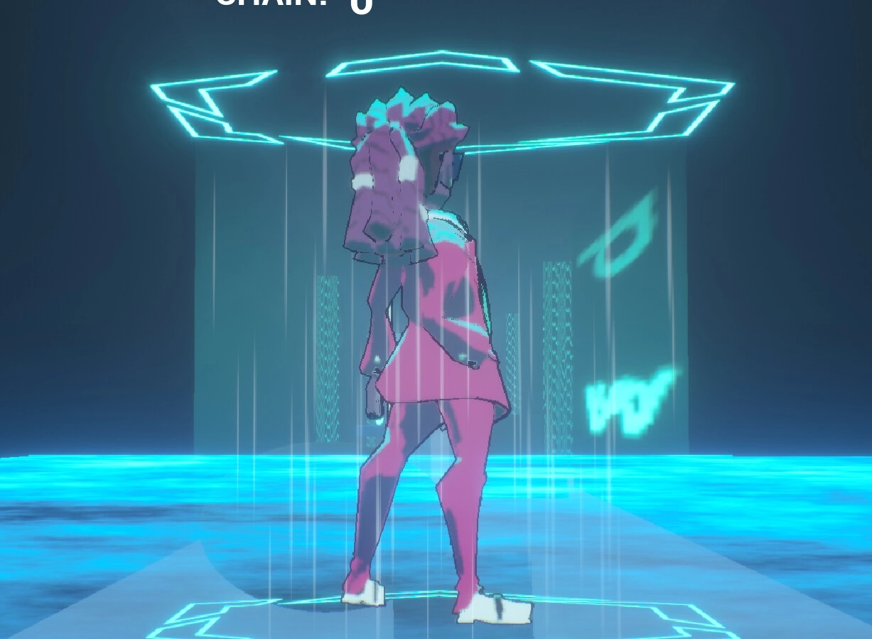 HOSTYLE: Agent Cryptic stands in a neon-lit digital chamber with glowing lines and holographic symbols