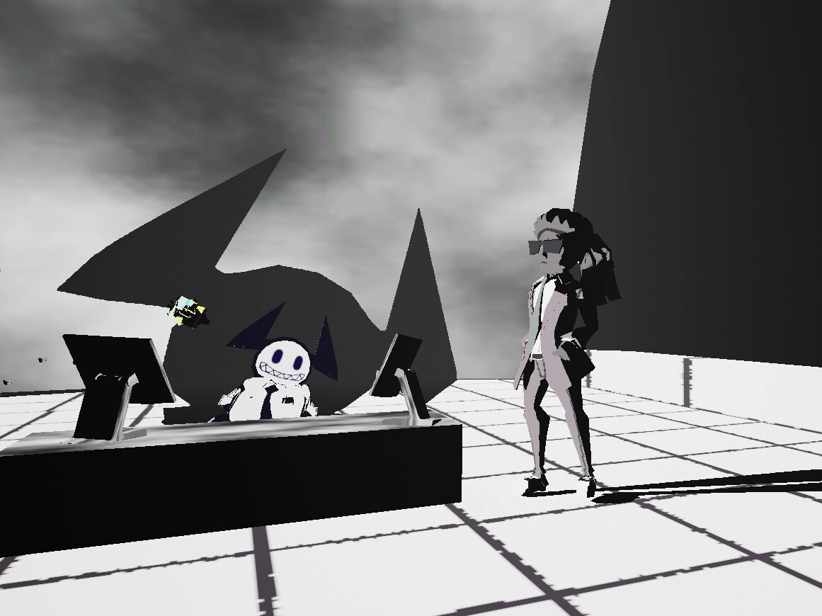 HOSTYLE: Agent Cryptic in futuristic office with quirky character behind desk and dual monitors visible.