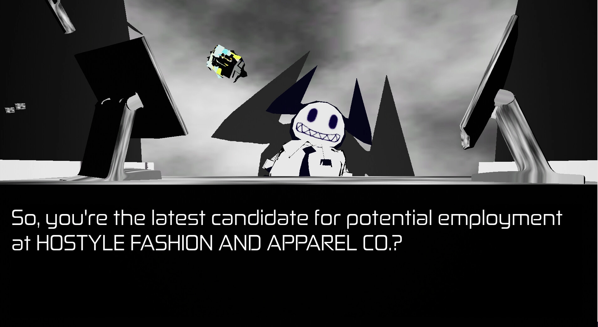 HOSTYLE: Agent Cryptic in interview with grinning character behind desk, futuristic office setting