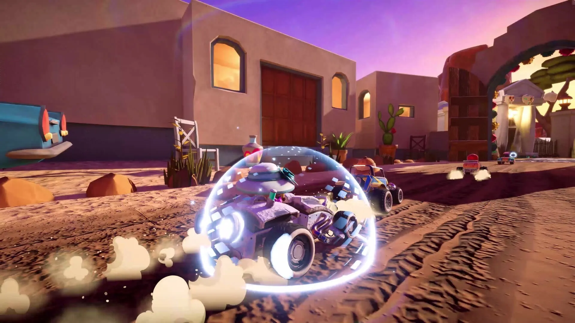 Hot Rod Mayhem: Racing through desert town with shielded car and dust trails against setting sun