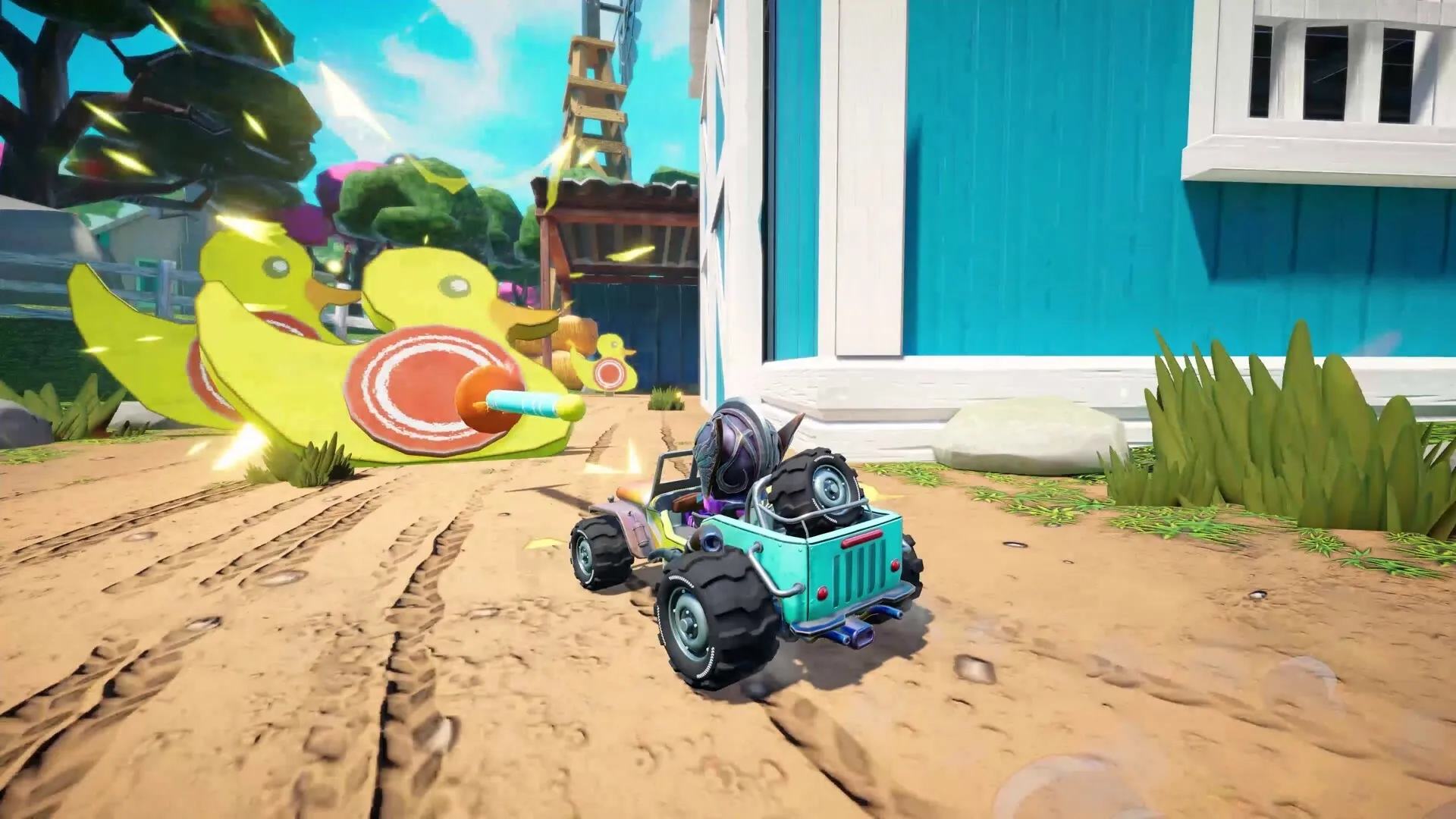 Hot Rod Mayhem: Tiny car racing past oversized rubber duck obstacles in a colorful backyard setting