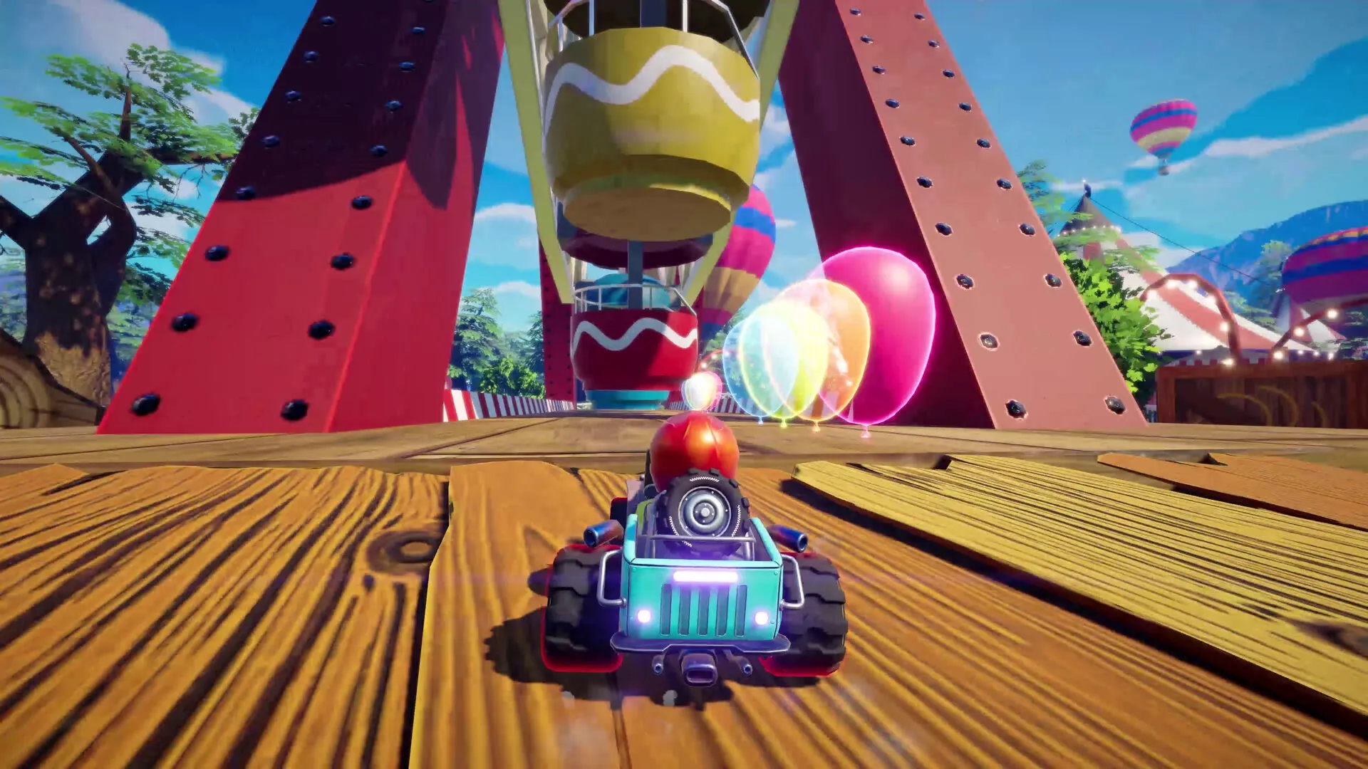 Hot Rod Mayhem: Kart racing under a giant Ferris wheel with vibrant balloons in a carnival setting.