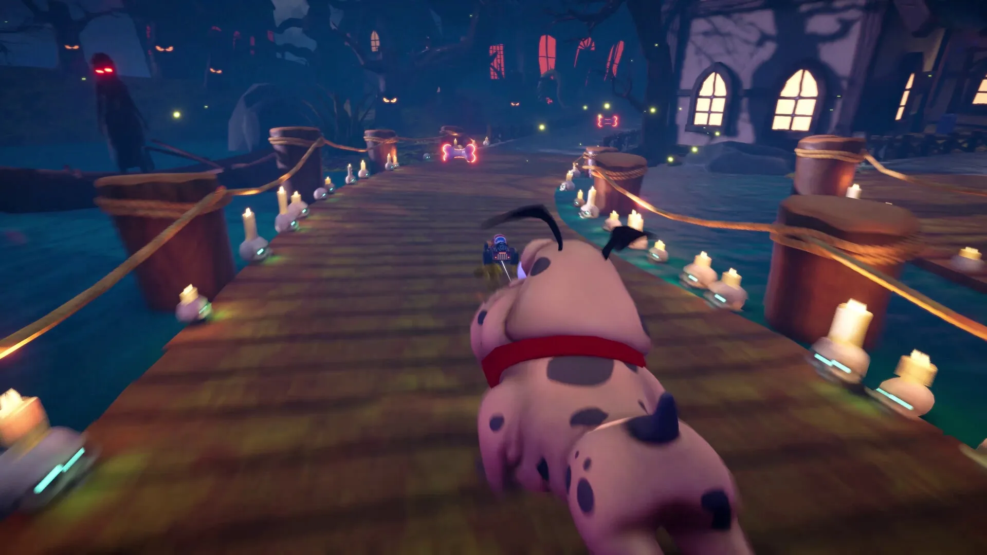 Hot Rod Mayhem: Racing a spotted dog on a candle-lit bridge in a spooky, haunted forest setting