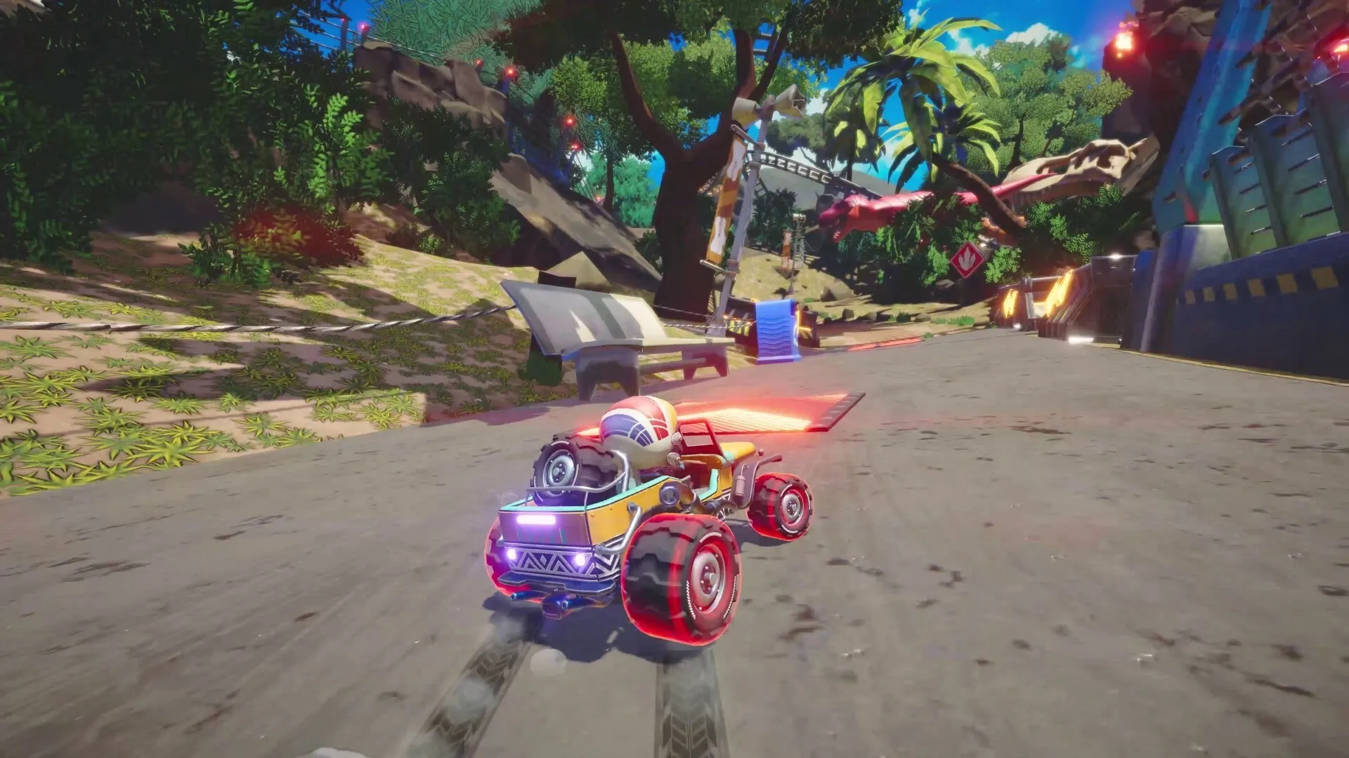 Hot Rod Mayhem: Racing on a jungle track with a colorful car, palm trees, and ramps in the background